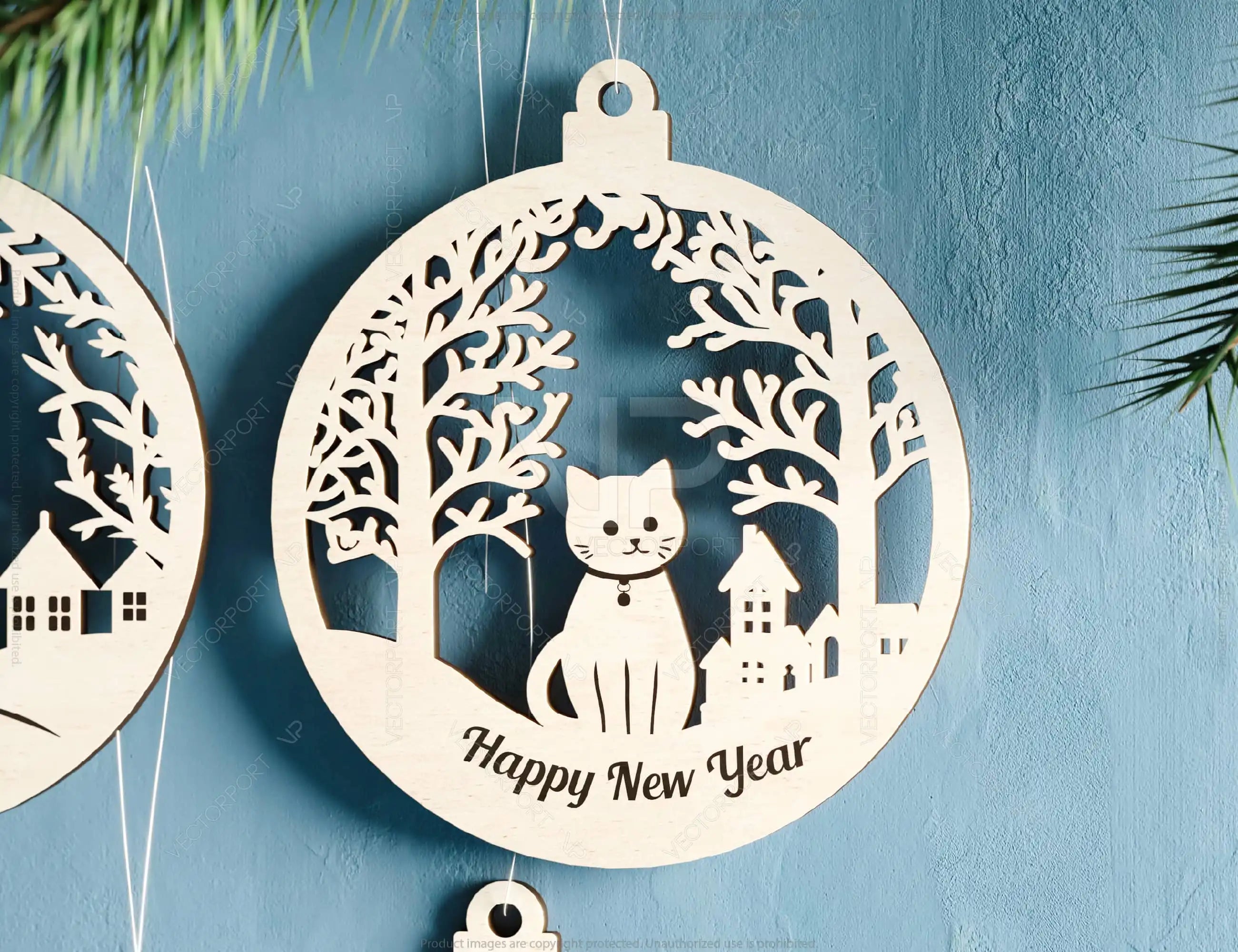 Pet Lovers New Year 3D Ornament Set - Christmas Tree Decorations with Snowy Scene - Kitty & Pup Theme – Cat, Dog Laser Cut Digital Download |#U509|