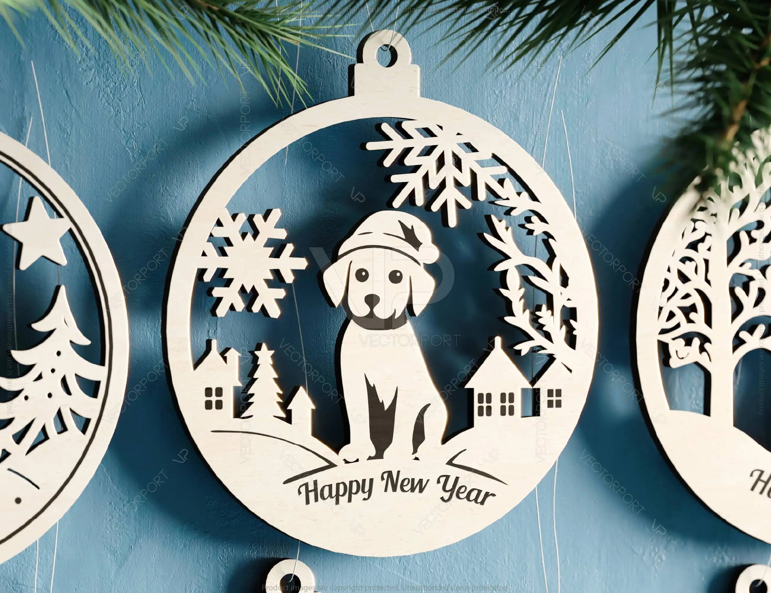 Pet Lovers New Year 3D Ornament Set - Christmas Tree Decorations with Snowy Scene - Kitty & Pup Theme – Cat, Dog Laser Cut Digital Download |#U509|