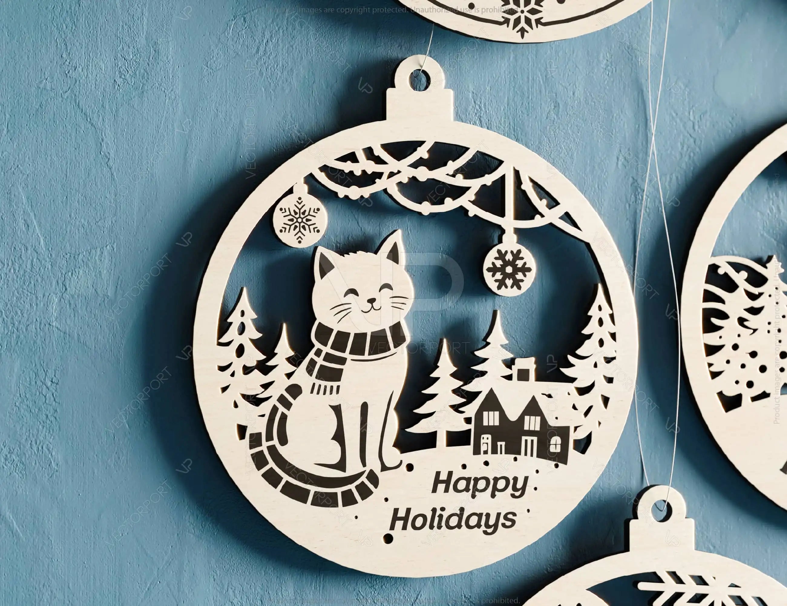 Pet Lovers New Year 3D Ornament Set - Christmas Tree Decorations with Snowy Scene - Kitty & Pup Theme – Cat, Dog Laser Cut Digital Download |#U509|