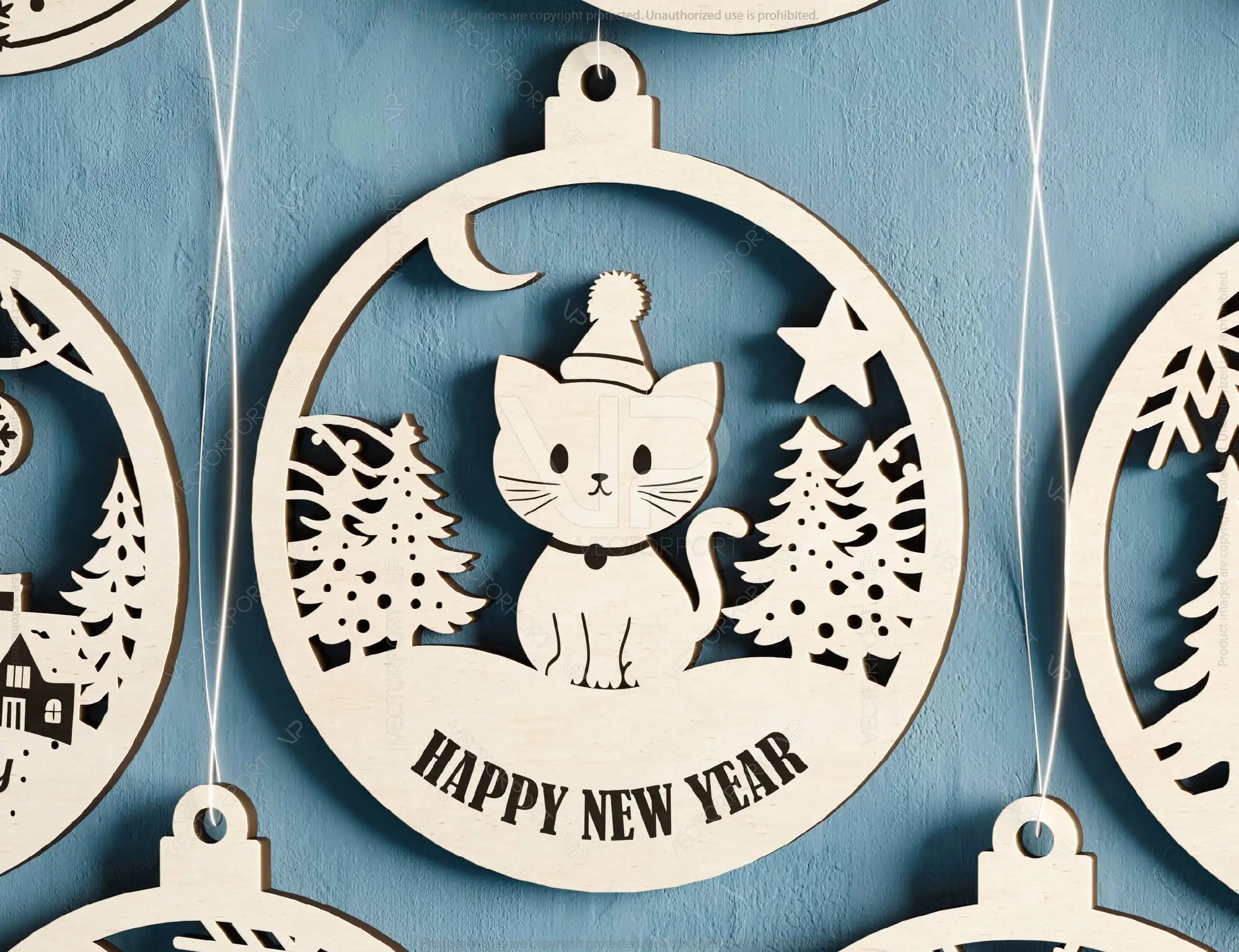 Pet Lovers New Year 3D Ornament Set - Christmas Tree Decorations with Snowy Scene - Kitty & Pup Theme – Cat, Dog Laser Cut Digital Download |#U509|