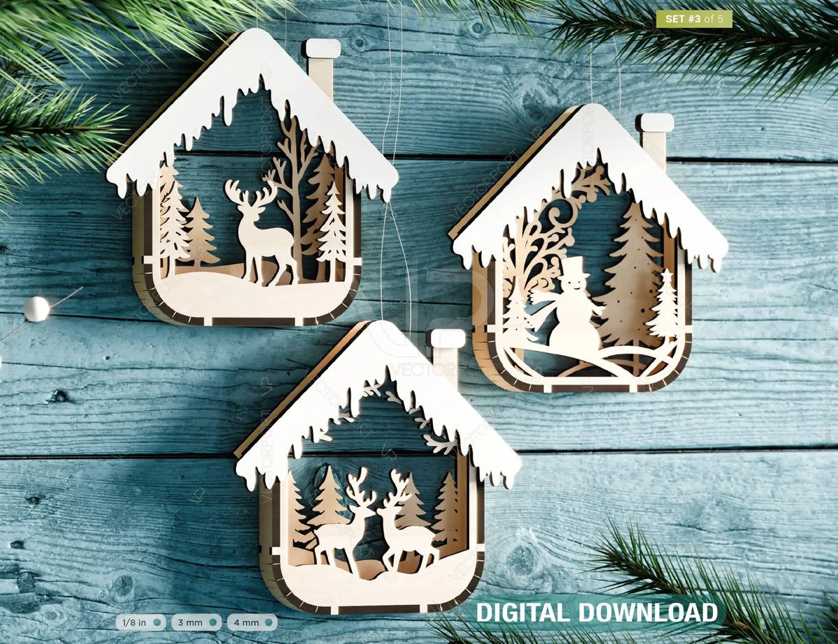 House Shape New Year Theme 3D Christmas Ornament Set Tree Decorations Craft Hanging Bauble Snowy Scene Laser Cut Digital Download |#U515|