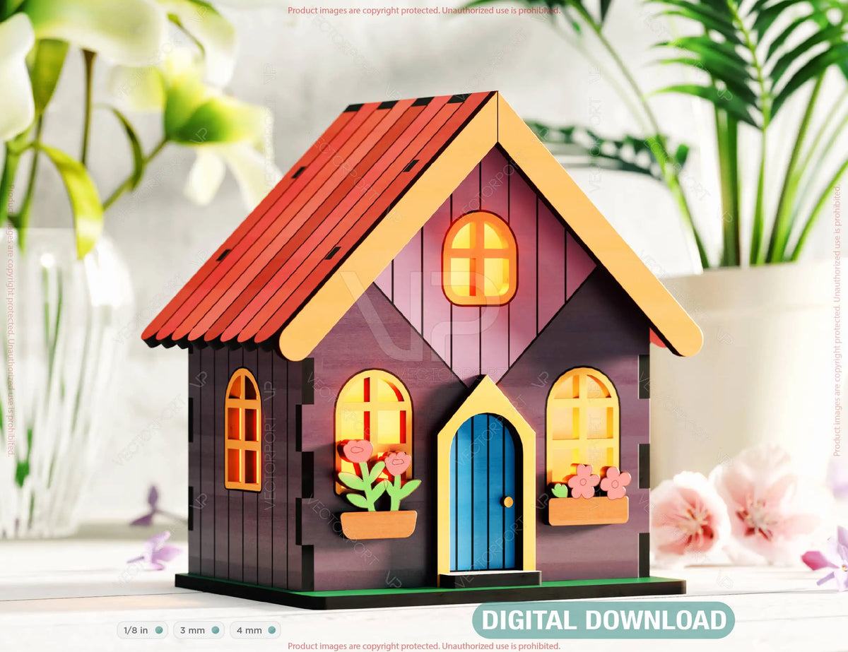 Charming Colorful Miniature Village Garden House with Beautiful Floral Accents – Intricate Laser-Cut Design for DIY Projects and Gift Making Digital Download |#U532|