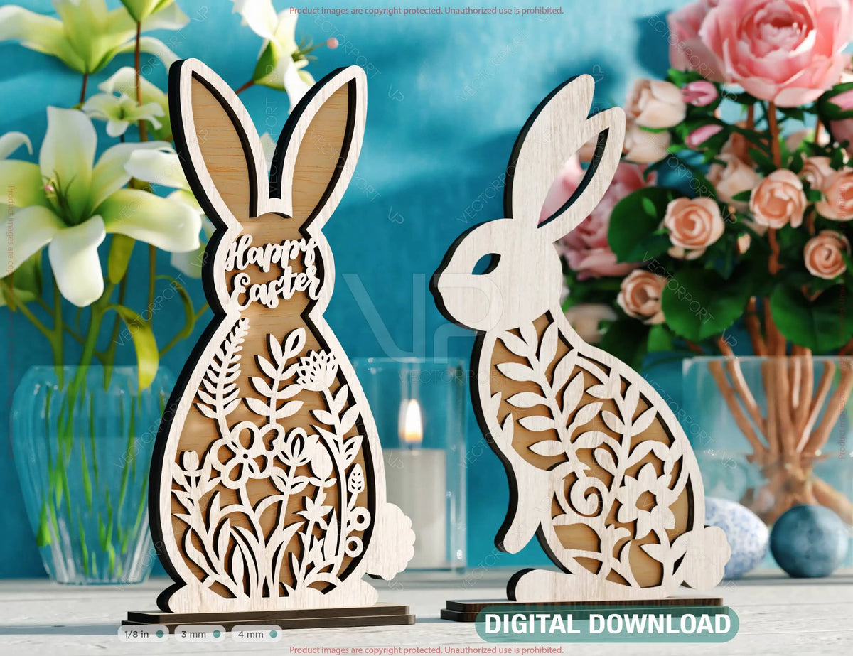 Standing Multilayer Floral Bunny Delight: Easter Laser-Cut Rabbit with Flowers - SVG Digital Download |#U533|