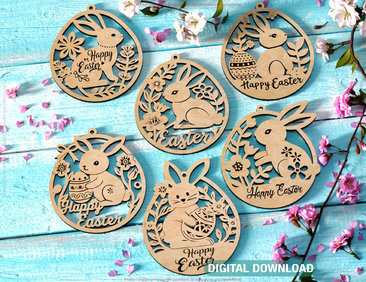 Easter Bunny Egg Ornaments Laser Cut Engraved Floral Rabbit Design Customizable SVG Layered Decor, Spring Digital Download |#U534|