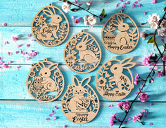 Easter Bunny Egg Ornaments Laser Cut Engraved Floral Rabbit Design Customizable SVG Layered Decor, Spring Digital Download |#U534|