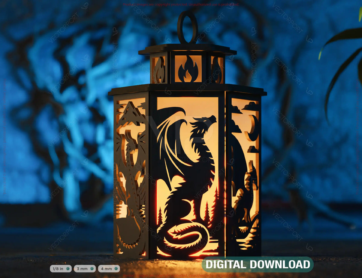 Dragon's Breath Lantern: Detailed Laser-Cut Artwork, Mystical 3D Illumination, Unique Home Decor Piece, Digital Download |#U542|