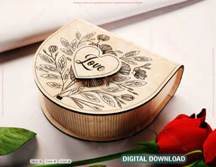 Romantic Half-Circle Love Book-Shaped Wooden Gift Box with Lock – Laser-Cut Card Holder & Elegant Purse Favor Box Digital Download |#U544|