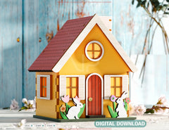 Whimsical House & Pastry-Themed Miniature Laser-Cut Spring House Village - Garden Cottage with Blossoms & Bunny Scene Digital Download |#U554|