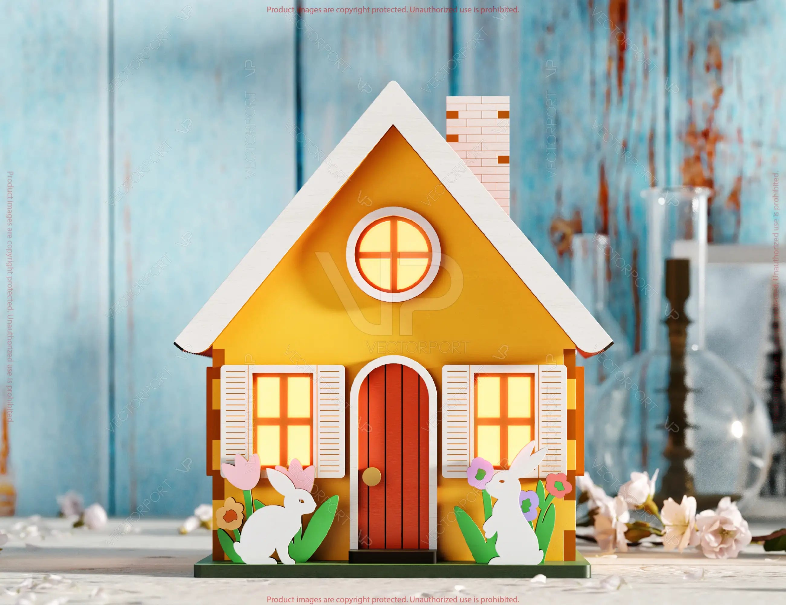 Whimsical House & Pastry-Themed Miniature Laser-Cut Spring House Village - Garden Cottage with Blossoms & Bunny Scene Digital Download |#U554|