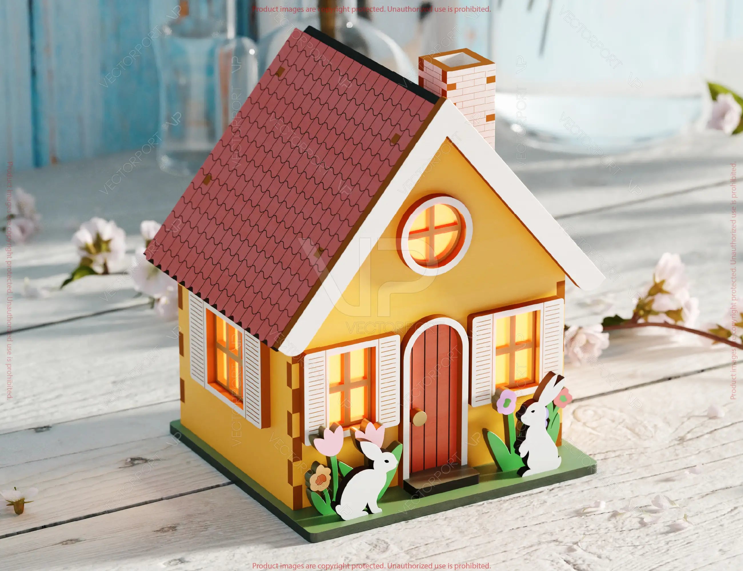 Whimsical House & Pastry-Themed Miniature Laser-Cut Spring House Village - Garden Cottage with Blossoms & Bunny Scene Digital Download |#U554|