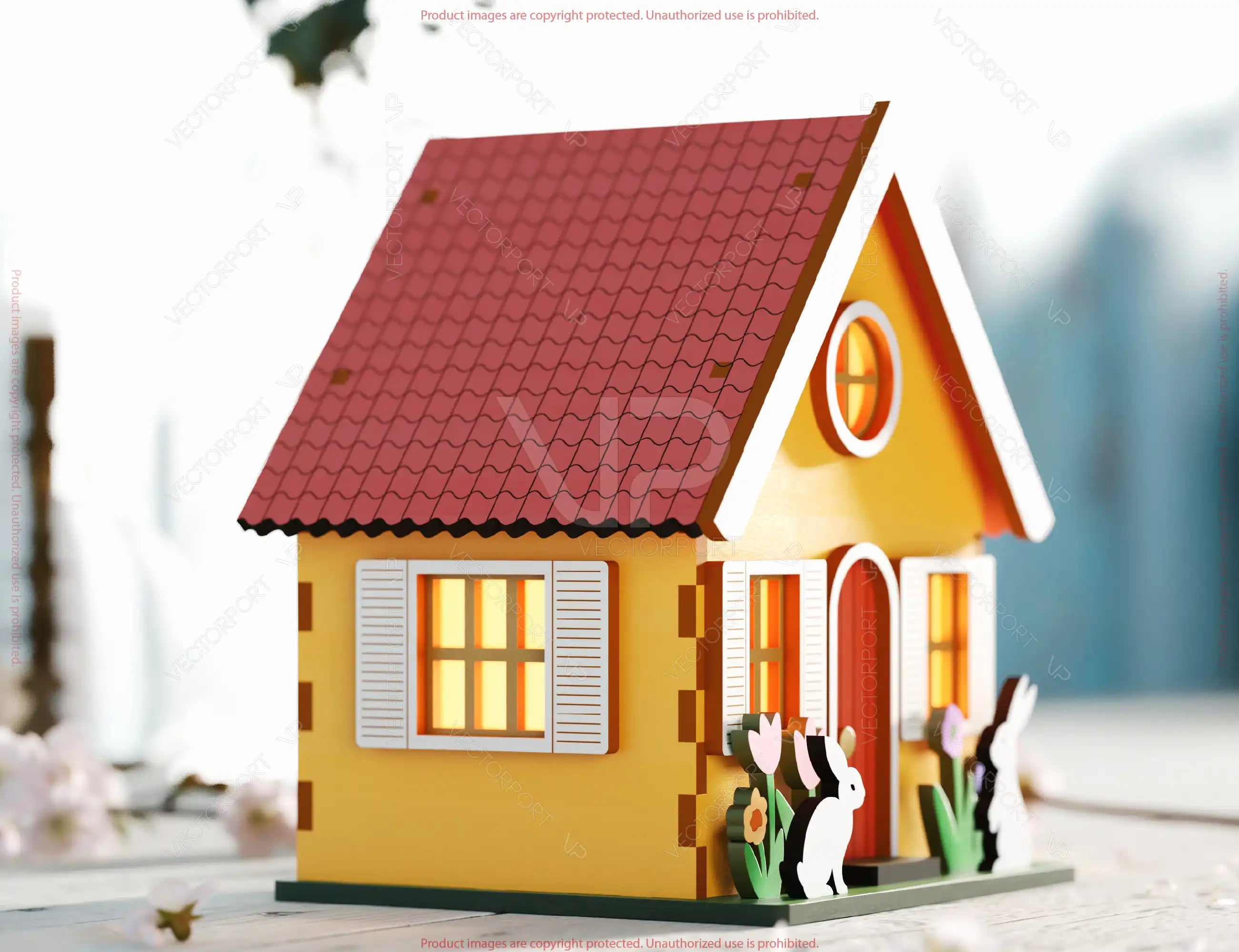 Whimsical House & Pastry-Themed Miniature Laser-Cut Spring House Village - Garden Cottage with Blossoms & Bunny Scene Digital Download |#U554|