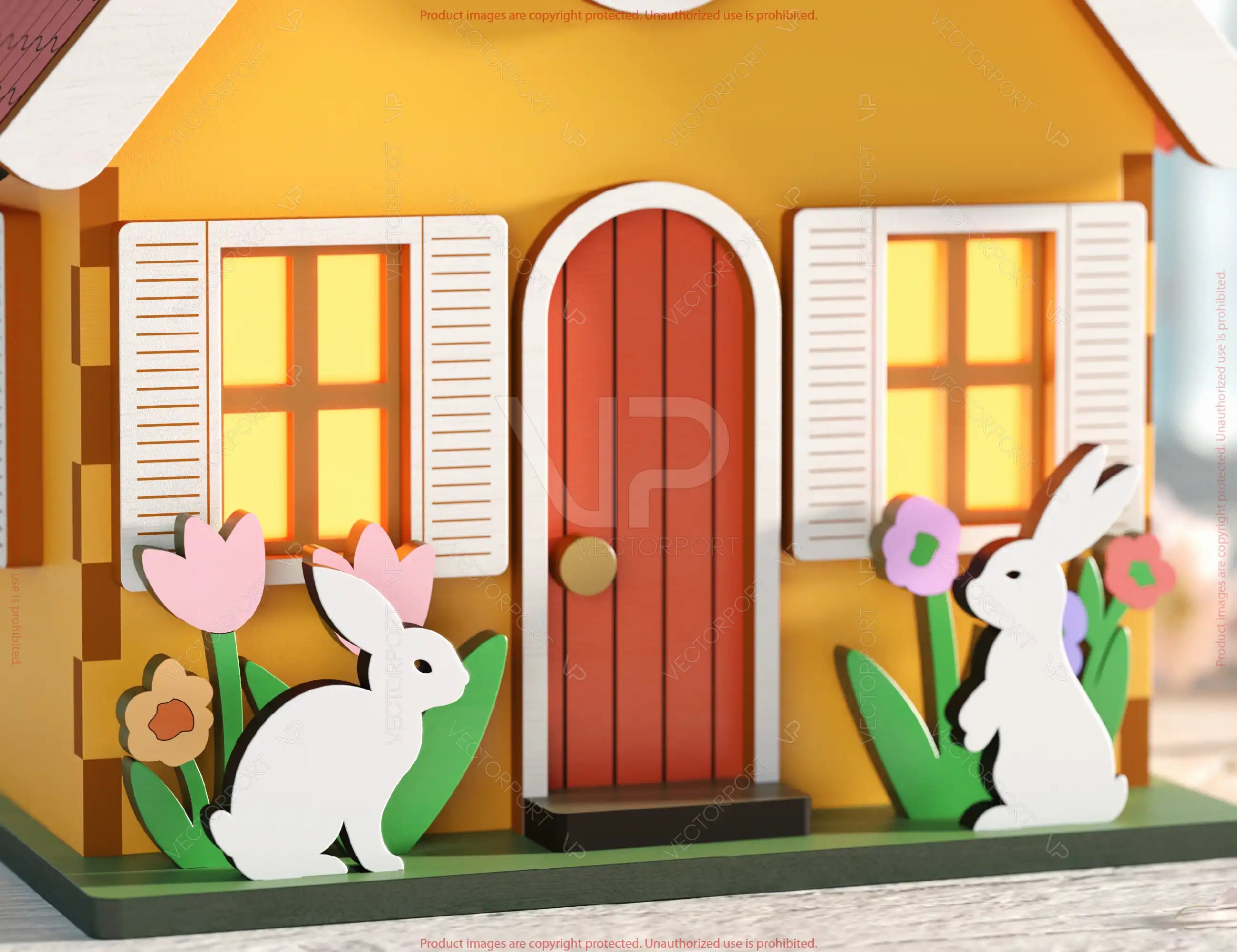 Whimsical House & Pastry-Themed Miniature Laser-Cut Spring House Village - Garden Cottage with Blossoms & Bunny Scene Digital Download |#U554|