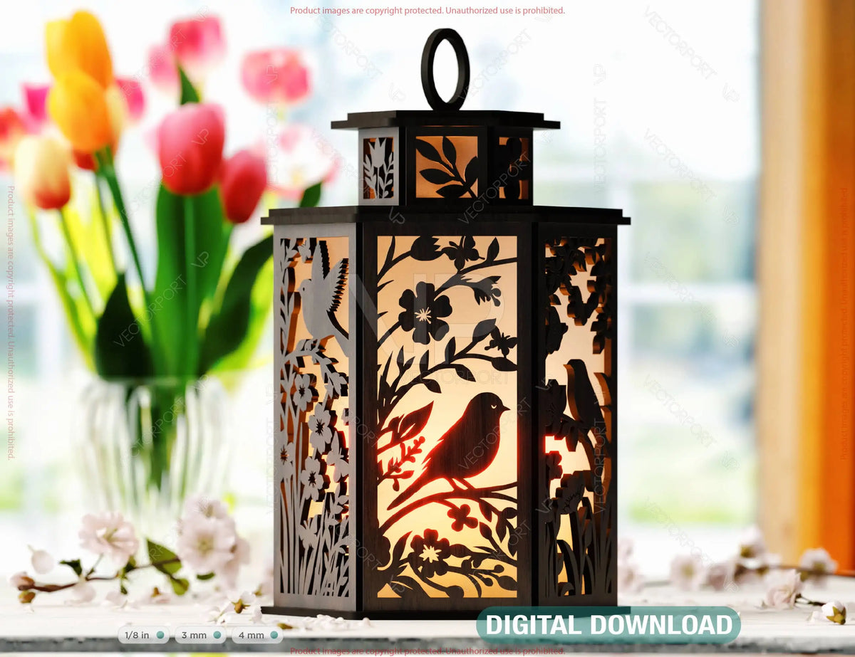 Spring Garden Serenity: Laser-Cut Floral Design with Bird and Butterflies – Minimalistic Home Décor, Elegant Vector for Laser Cutting, Digital Download |#U555|