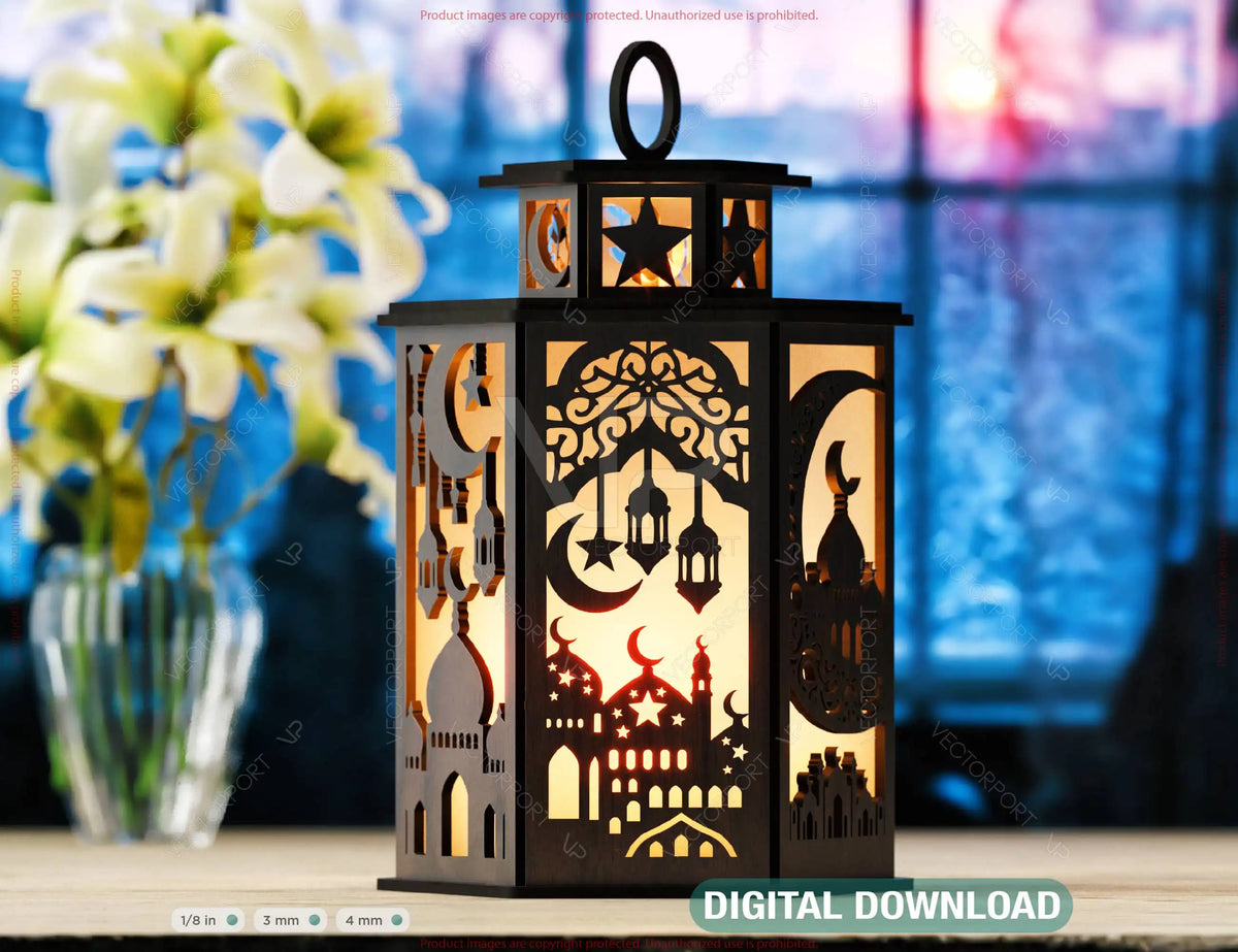 Ramadan Lantern: Laser-Cut Crescent Moon & Star Design – Minimalistic Home Décor, Elegant Vector for Laser Cutting, Digital Download |#U556|