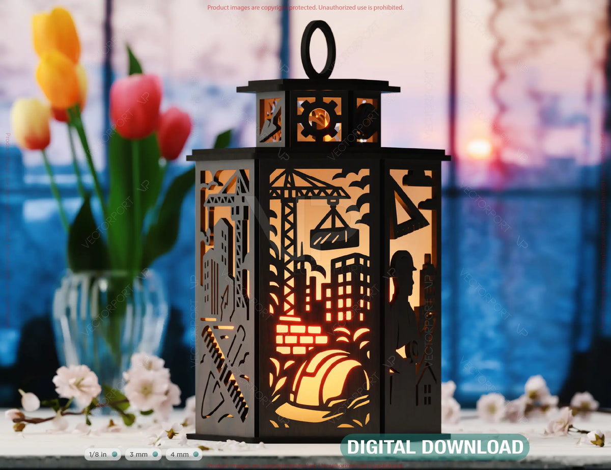 Architect Theme Laser Cut Table Lamp with Tools, Blueprints, Cranes, Buildings, Gift for Architecture Lovers, Engineer |Digital Download |#U570|