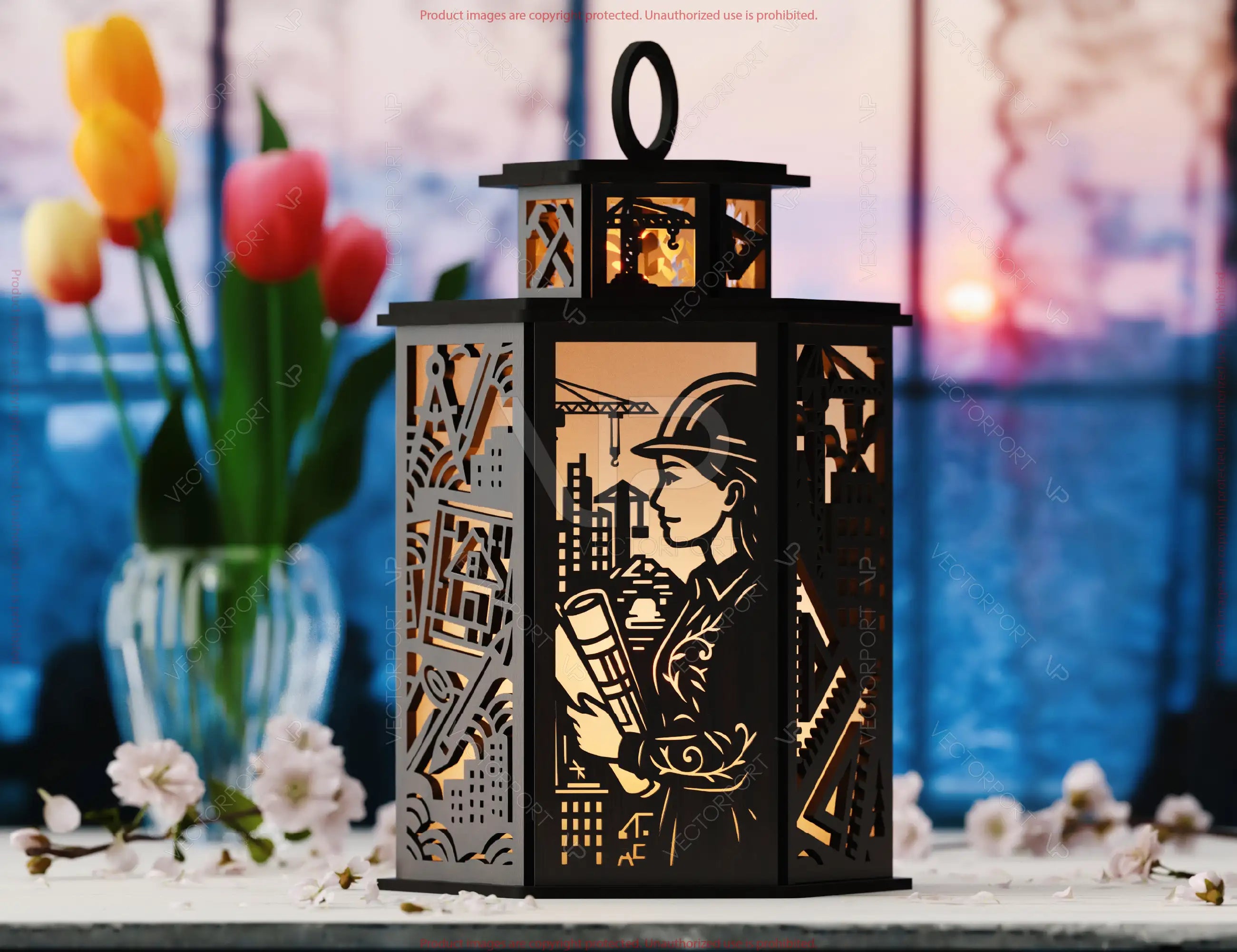 Architect Theme Laser Cut Table Lamp with Tools, Blueprints, Cranes, Buildings, Gift for Architecture Lovers, Engineer |Digital Download |#U570|