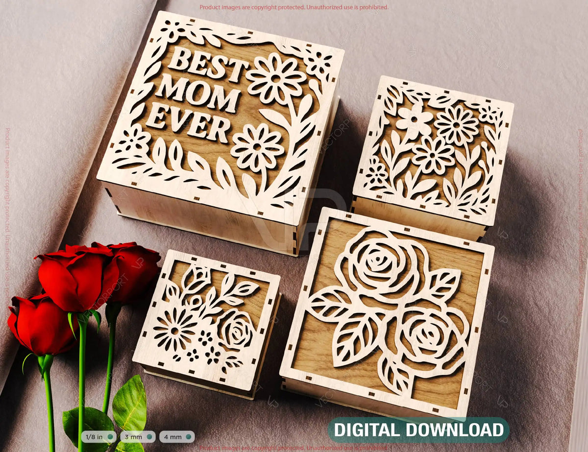 Laser Cut Gift Box with Best Mom Ever Floral Lid – Mother’s Day SVG Files Wooden Gift Box Jewelry  Case Favor Box Digital Downloads |#U585|