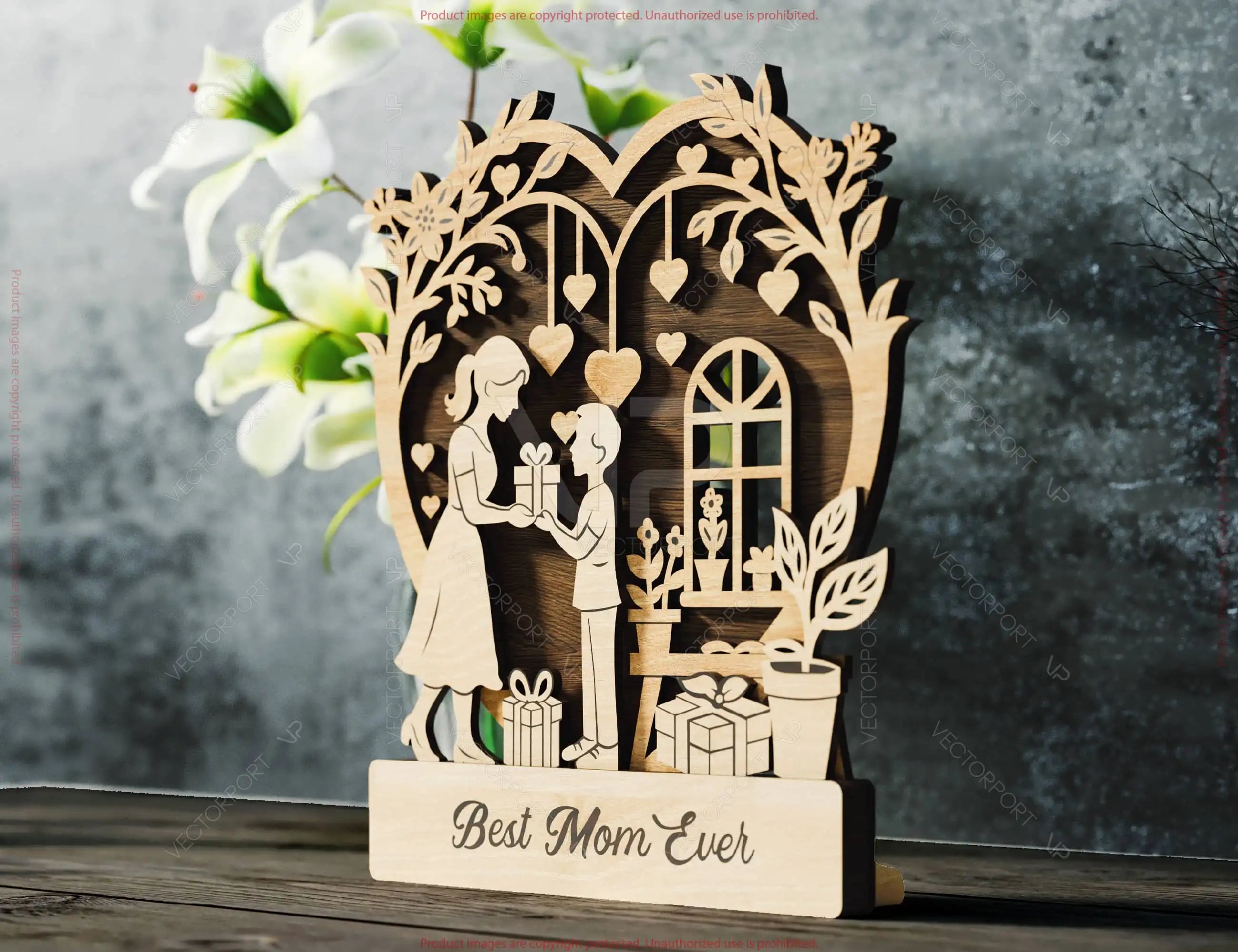 Mother’s Day 3D Laser Cut Wooden Scene – Mom and Daughter | Son Heart Frame Gift Display – Standing Layered SVG Design Digital Download |#U586|