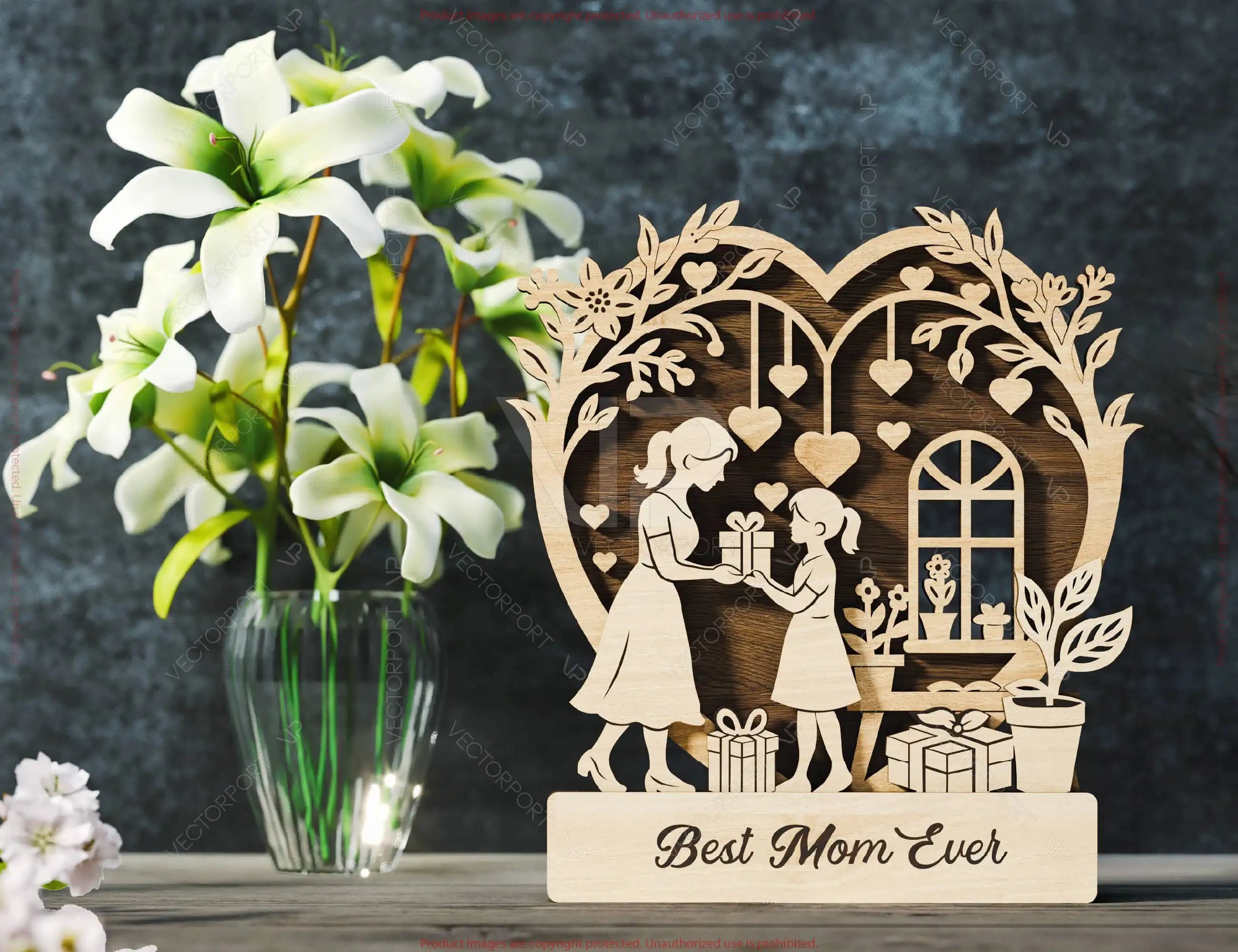 Mother’s Day 3D Laser Cut Wooden Scene – Mom and Daughter | Son Heart Frame Gift Display – Standing Layered SVG Design Digital Download |#U586|