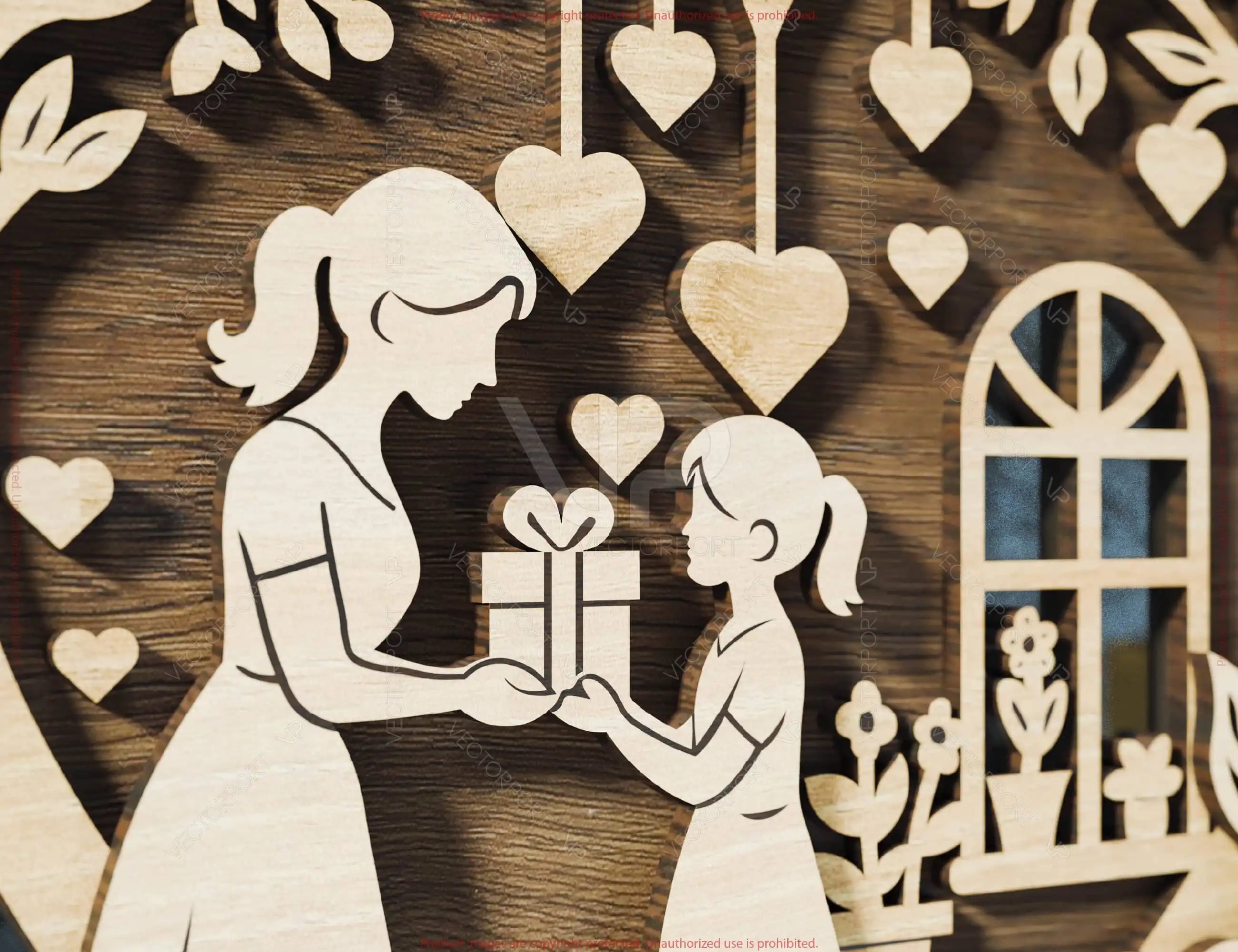 Mother’s Day 3D Laser Cut Wooden Scene – Mom and Daughter | Son Heart Frame Gift Display – Standing Layered SVG Design Digital Download |#U586|