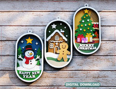 Christmas Layered Design | Round 3D Winter Scene with Santa, Snowman SVG | Laser Cut Shadow Box Digital Download |#U603|