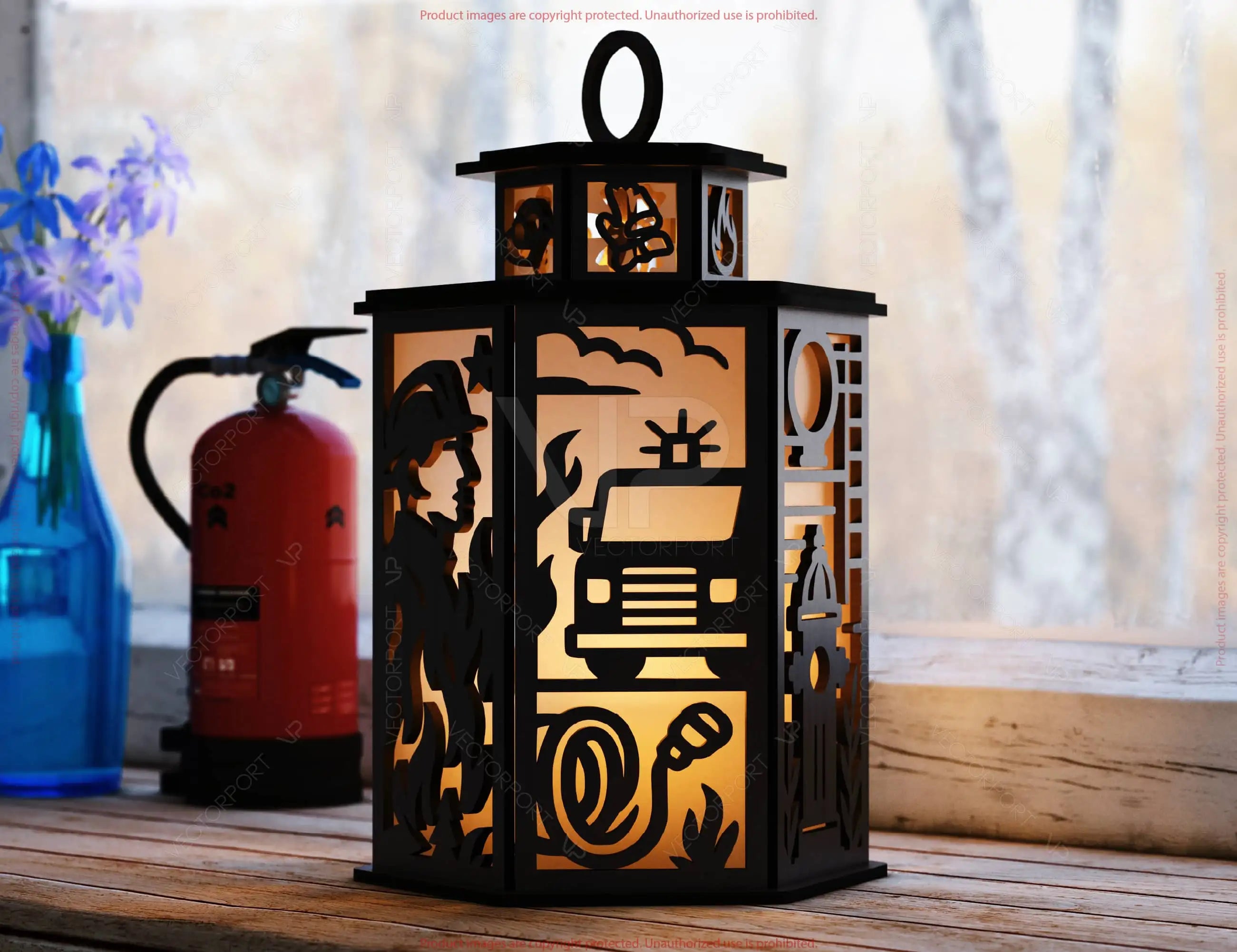 Firefighter Theme Laser Cut Table Lamp with Helmet, Axe, Fire Symbol, Hose, Gift for Firefighters Digital Download |#U605|