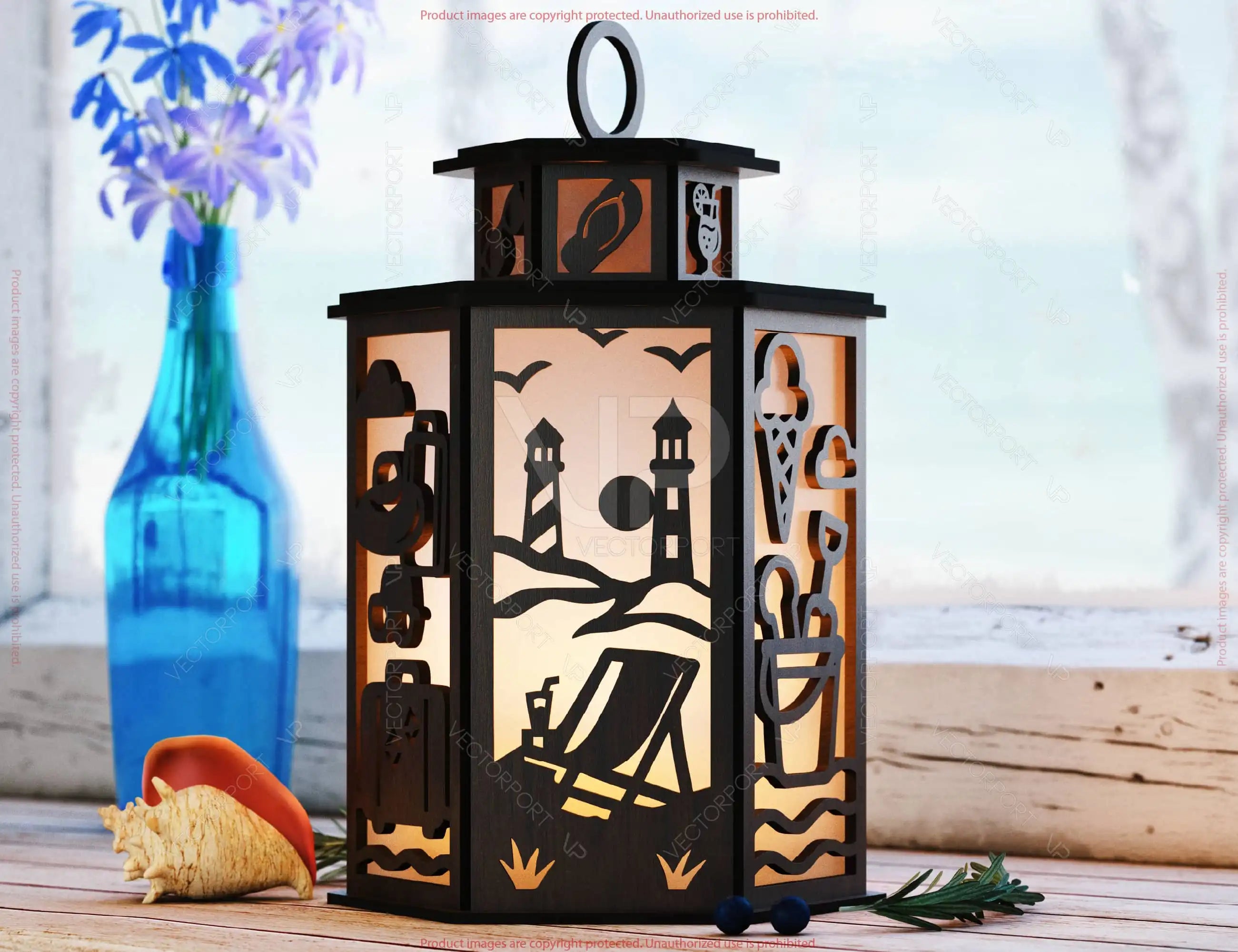 Laser Cut Summer Travel Theme Lamp with Beach, Umbrella, Palm Tree, Airplane, Sun & Sand Scene Digital Download |#U608|