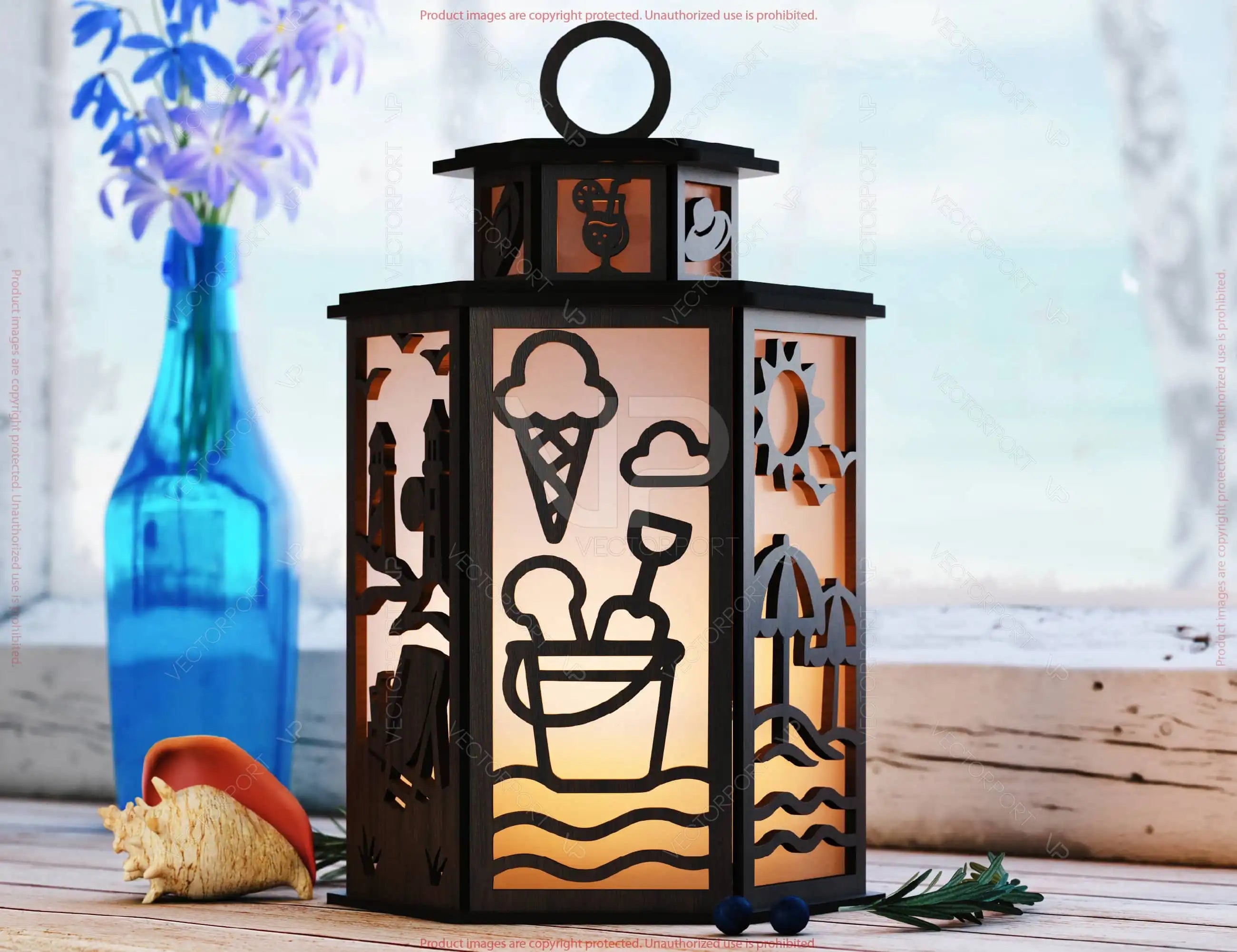 Laser Cut Summer Travel Theme Lamp with Beach, Umbrella, Palm Tree, Airplane, Sun & Sand Scene Digital Download |#U608|