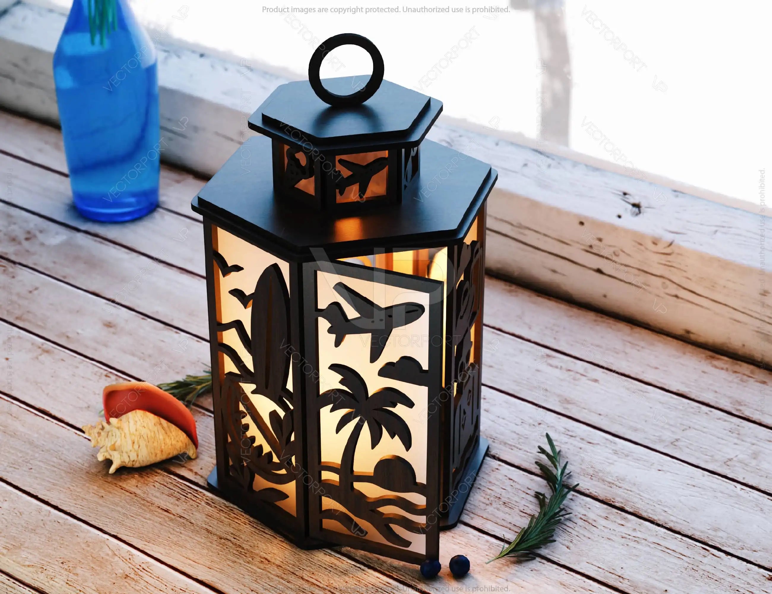 Laser Cut Summer Travel Theme Lamp with Beach, Umbrella, Palm Tree, Airplane, Sun & Sand Scene Digital Download |#U608|