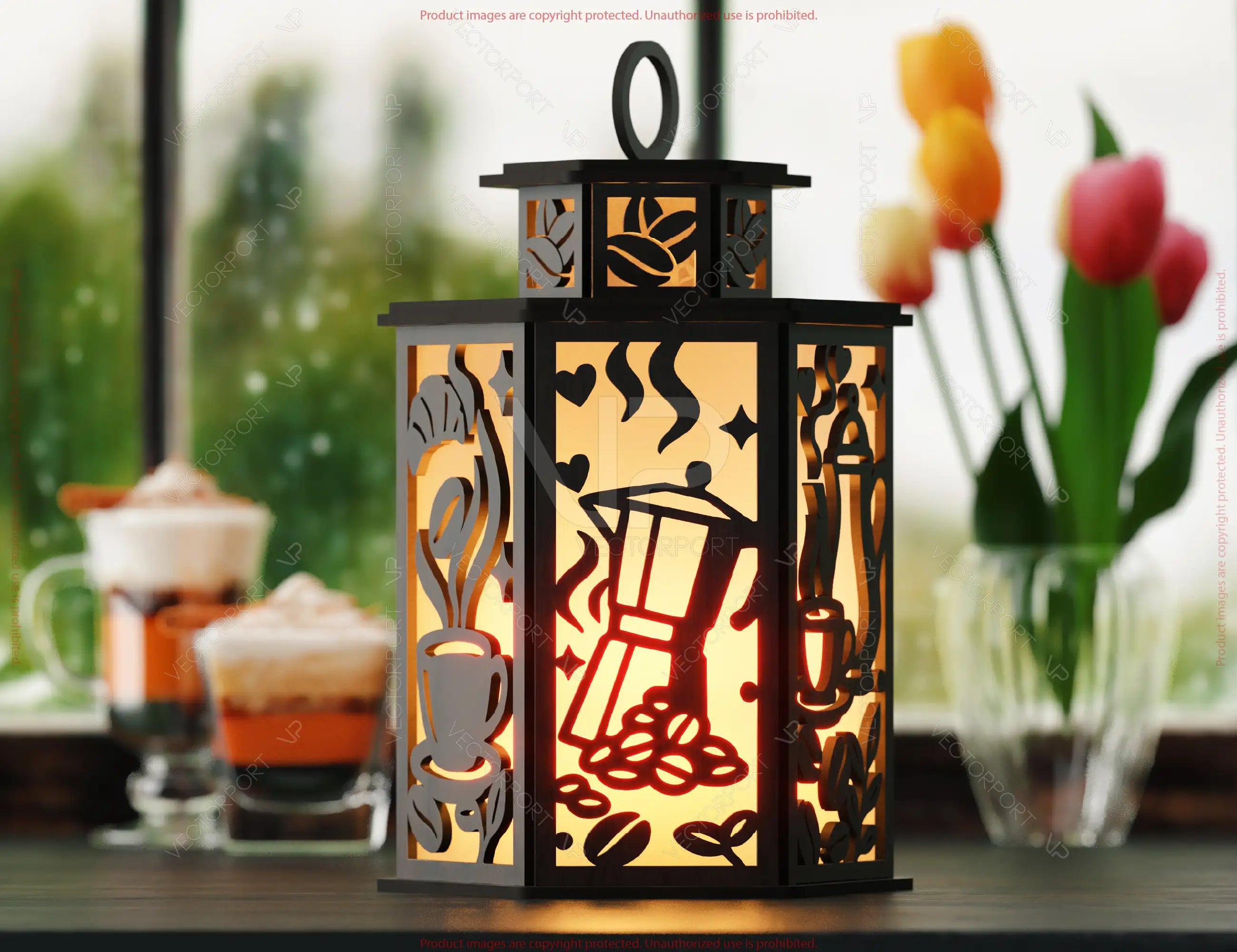 Laser Cut Coffee Theme Lamp with Latte Mug, Beans, Steam, Espresso Cups & Café Scene Candle Holder Digital Download |#U609|