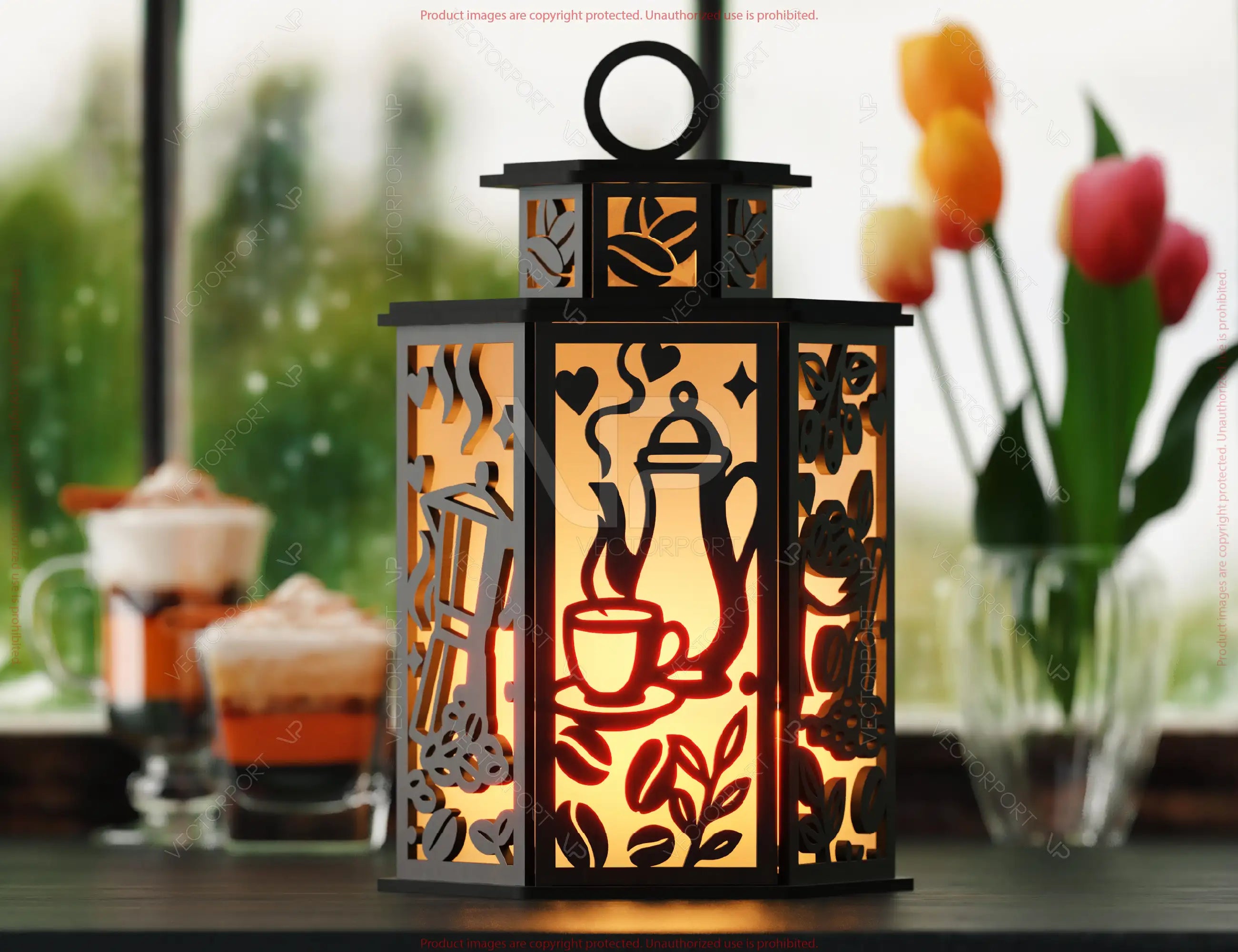 Laser Cut Coffee Theme Lamp with Latte Mug, Beans, Steam, Espresso Cups & Café Scene Candle Holder Digital Download |#U609|