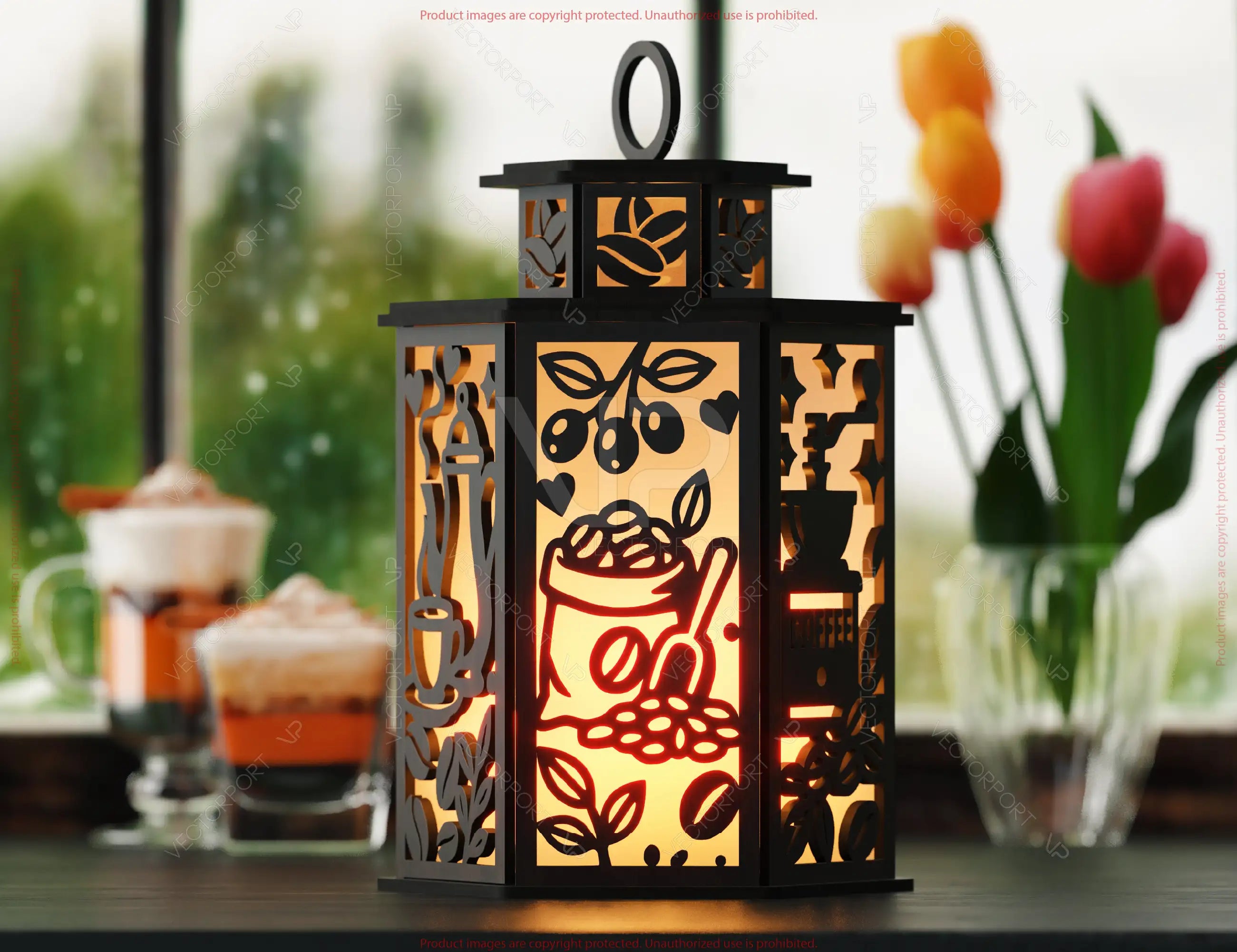 Laser Cut Coffee Theme Lamp with Latte Mug, Beans, Steam, Espresso Cups & Café Scene Candle Holder Digital Download |#U609|