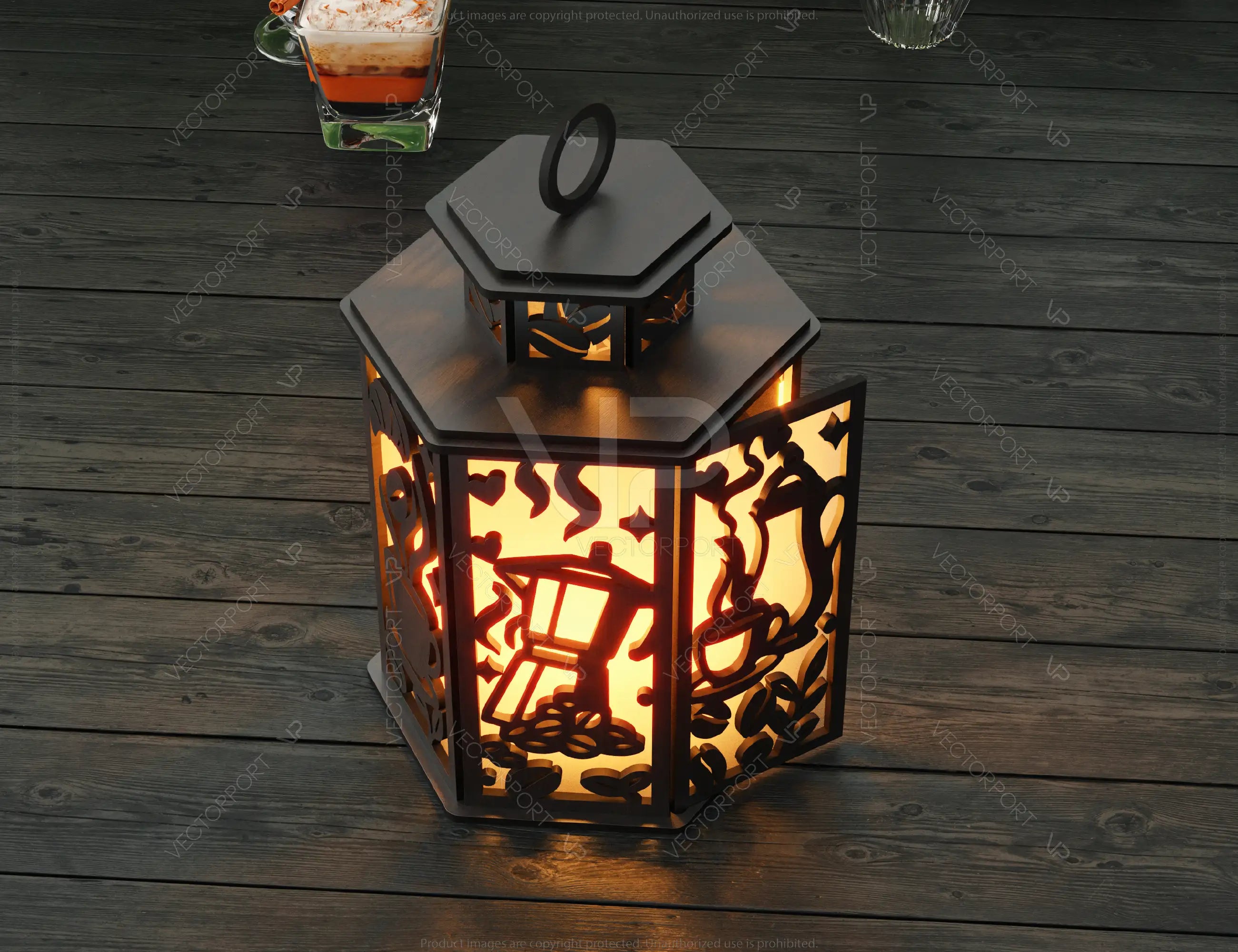Laser Cut Coffee Theme Lamp with Latte Mug, Beans, Steam, Espresso Cups & Café Scene Candle Holder Digital Download |#U609|