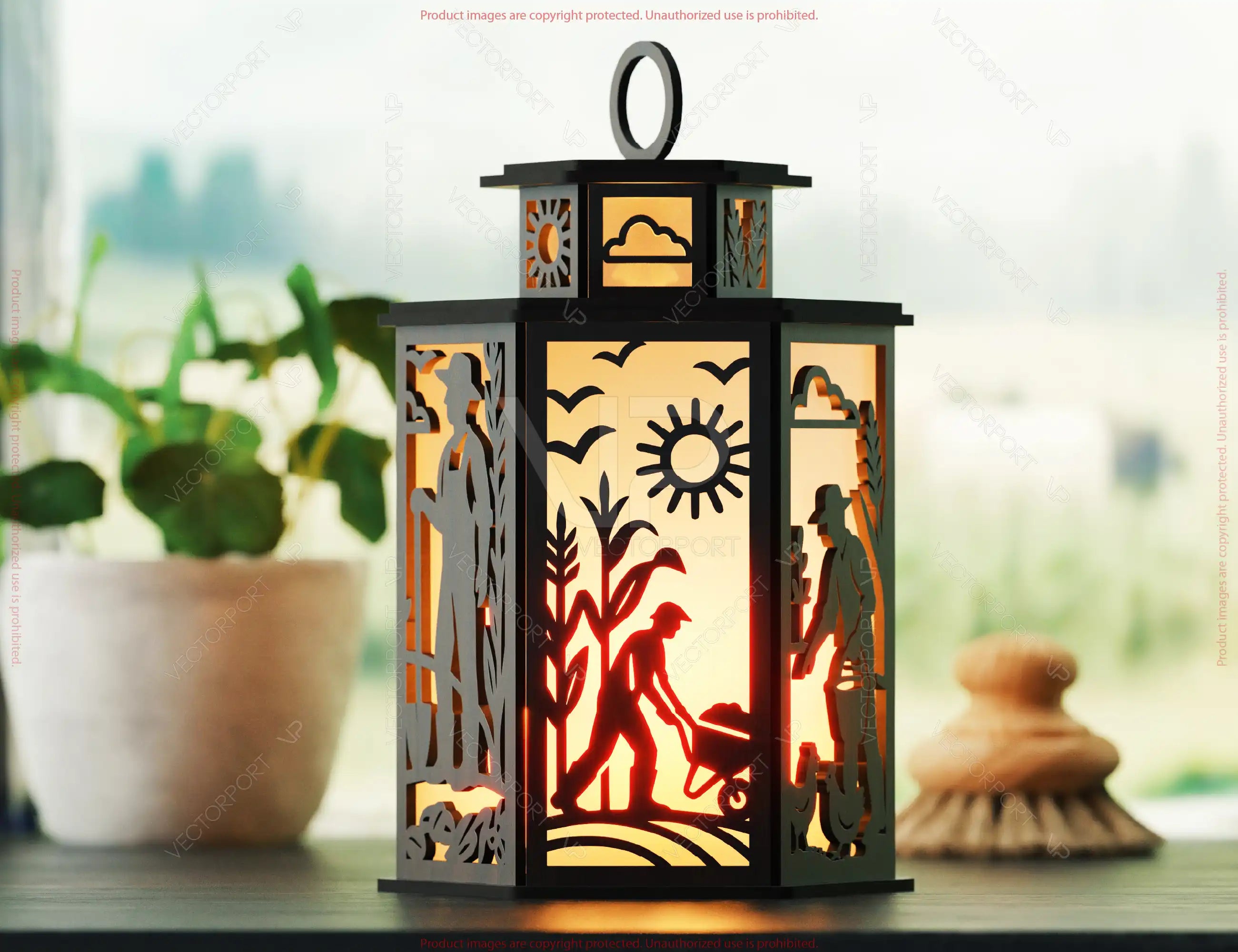 Farmer Laser Cut Farm Theme Lantern with Tractor, Barn, Hay Bales – Rustic Candle Holder Lamp Digital Download |#U610|
