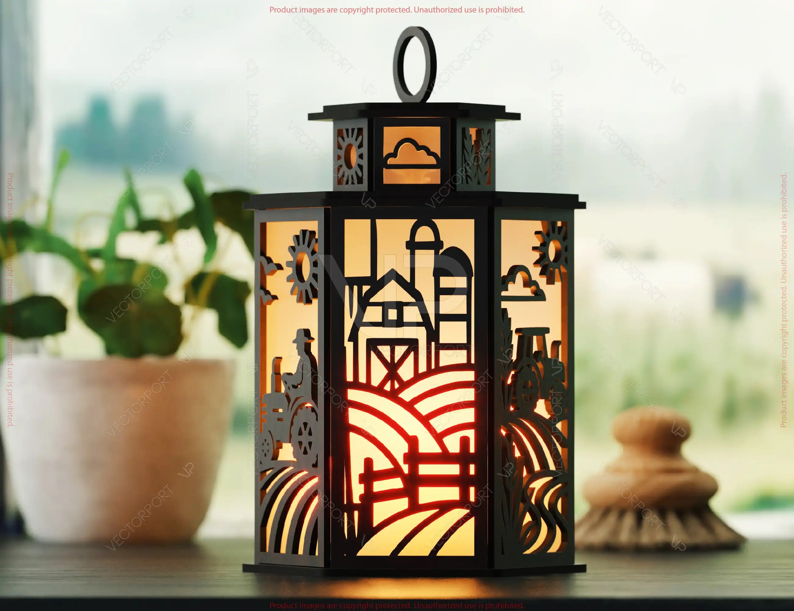 Farmer Laser Cut Farm Theme Lantern with Tractor, Barn, Hay Bales – Rustic Candle Holder Lamp Digital Download |#U610|