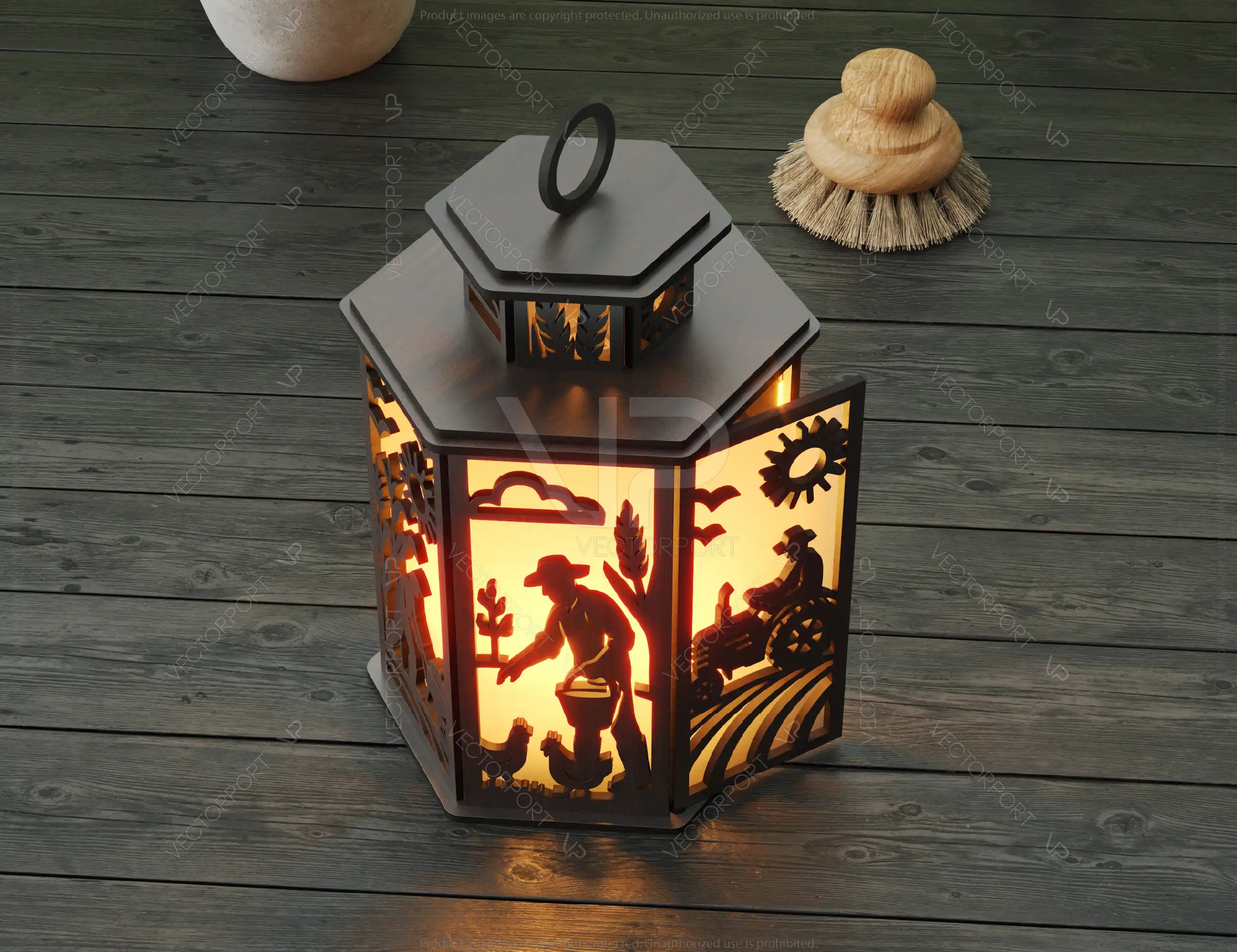 Farmer Laser Cut Farm Theme Lantern with Tractor, Barn, Hay Bales – Rustic Candle Holder Lamp Digital Download |#U610|