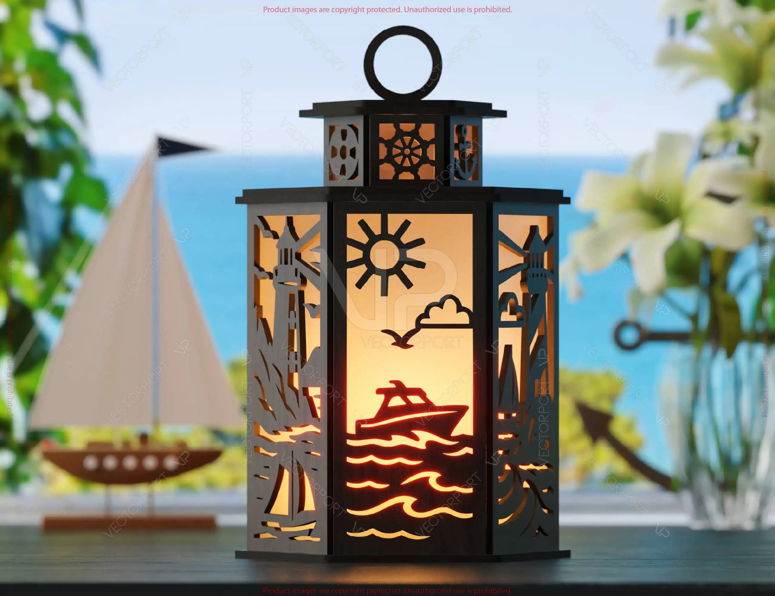 Sailor Theme Laser Cut Lantern with Lighthouse, Anchor, Ship Wheel & Ocean Scenes – Nautical Candle Holder Lamp Digital Download |#U613|