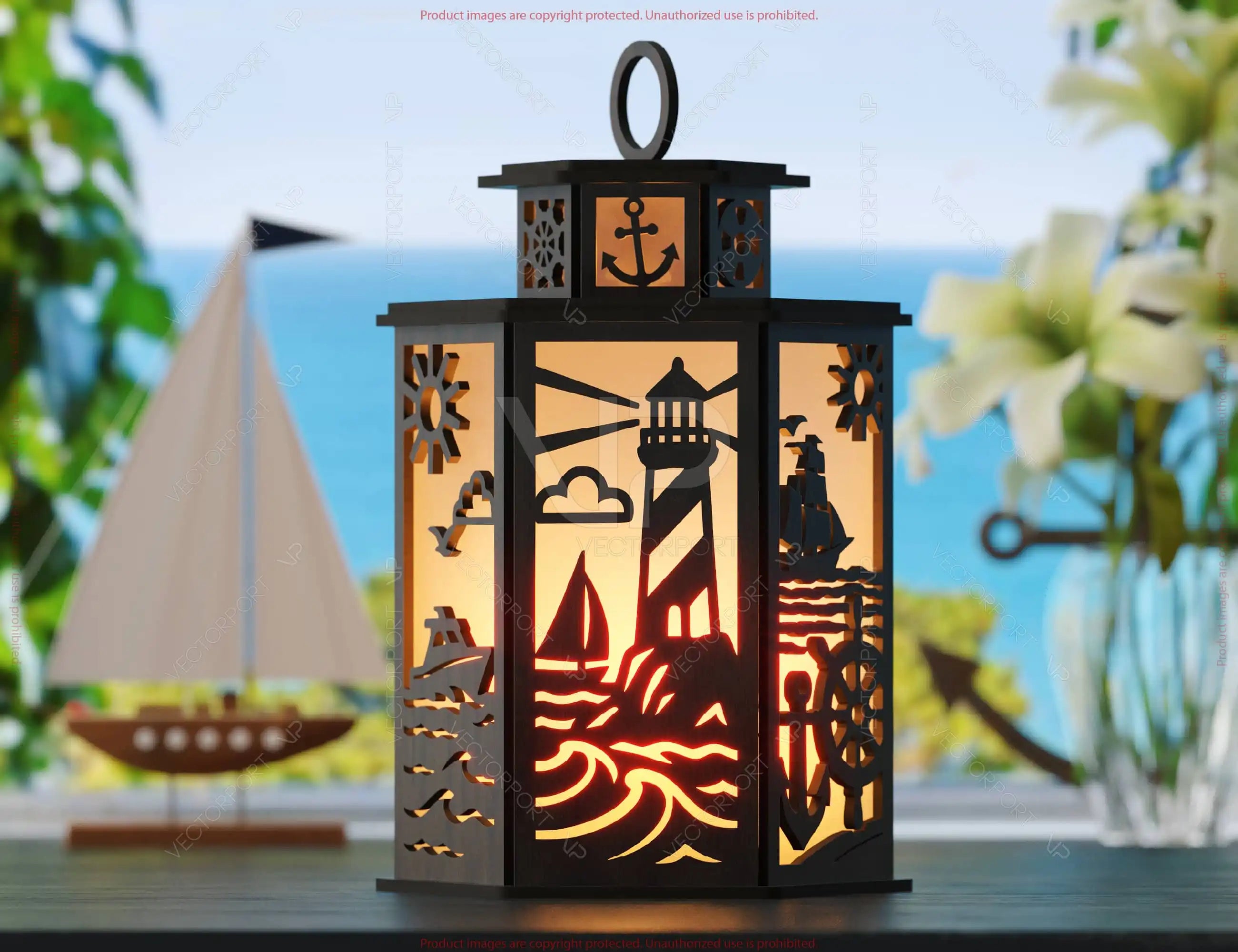 Sailor Theme Laser Cut Lantern with Lighthouse, Anchor, Ship Wheel & Ocean Scenes – Nautical Candle Holder Lamp Digital Download |#U613|