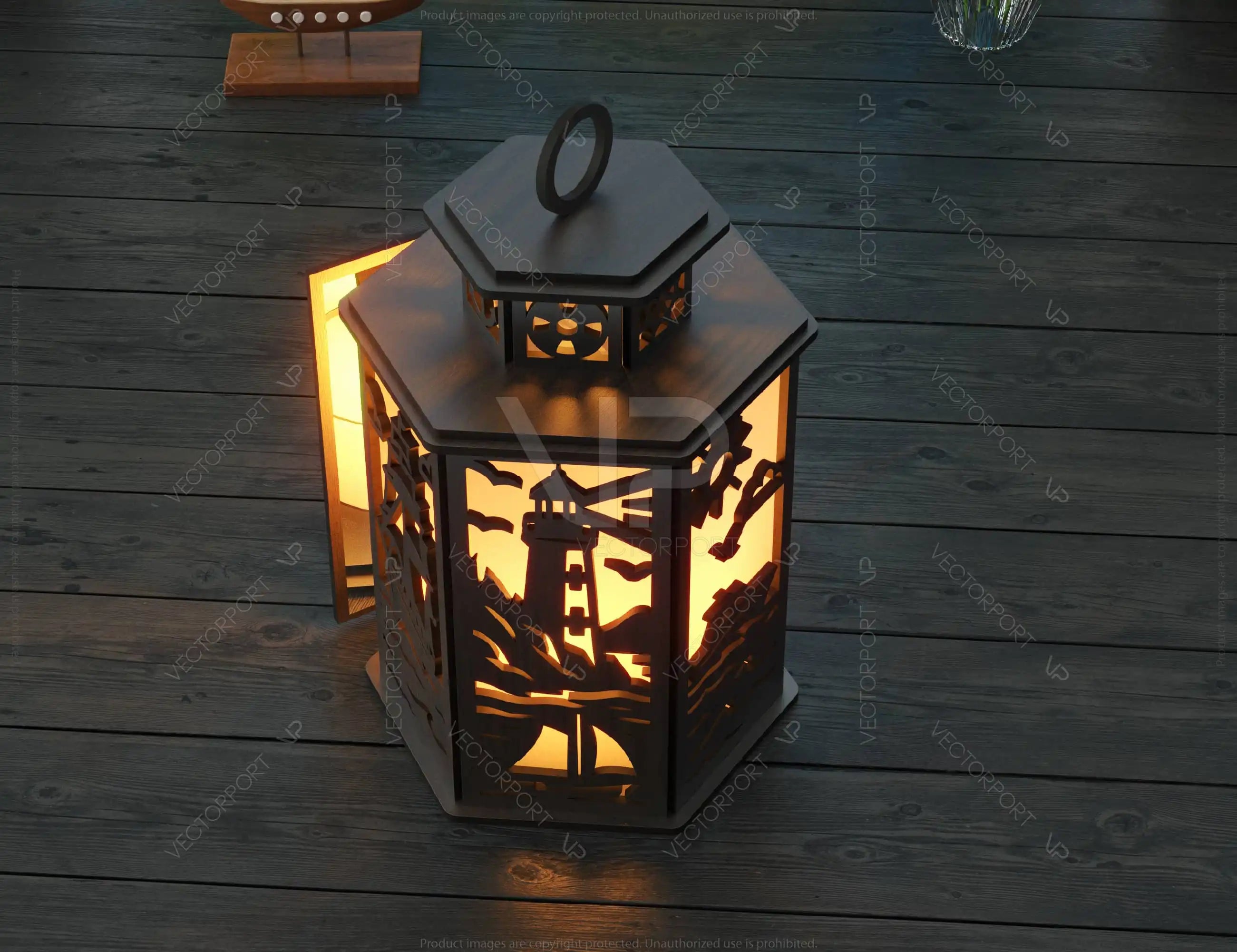 Sailor Theme Laser Cut Lantern with Lighthouse, Anchor, Ship Wheel & Ocean Scenes – Nautical Candle Holder Lamp Digital Download |#U613|