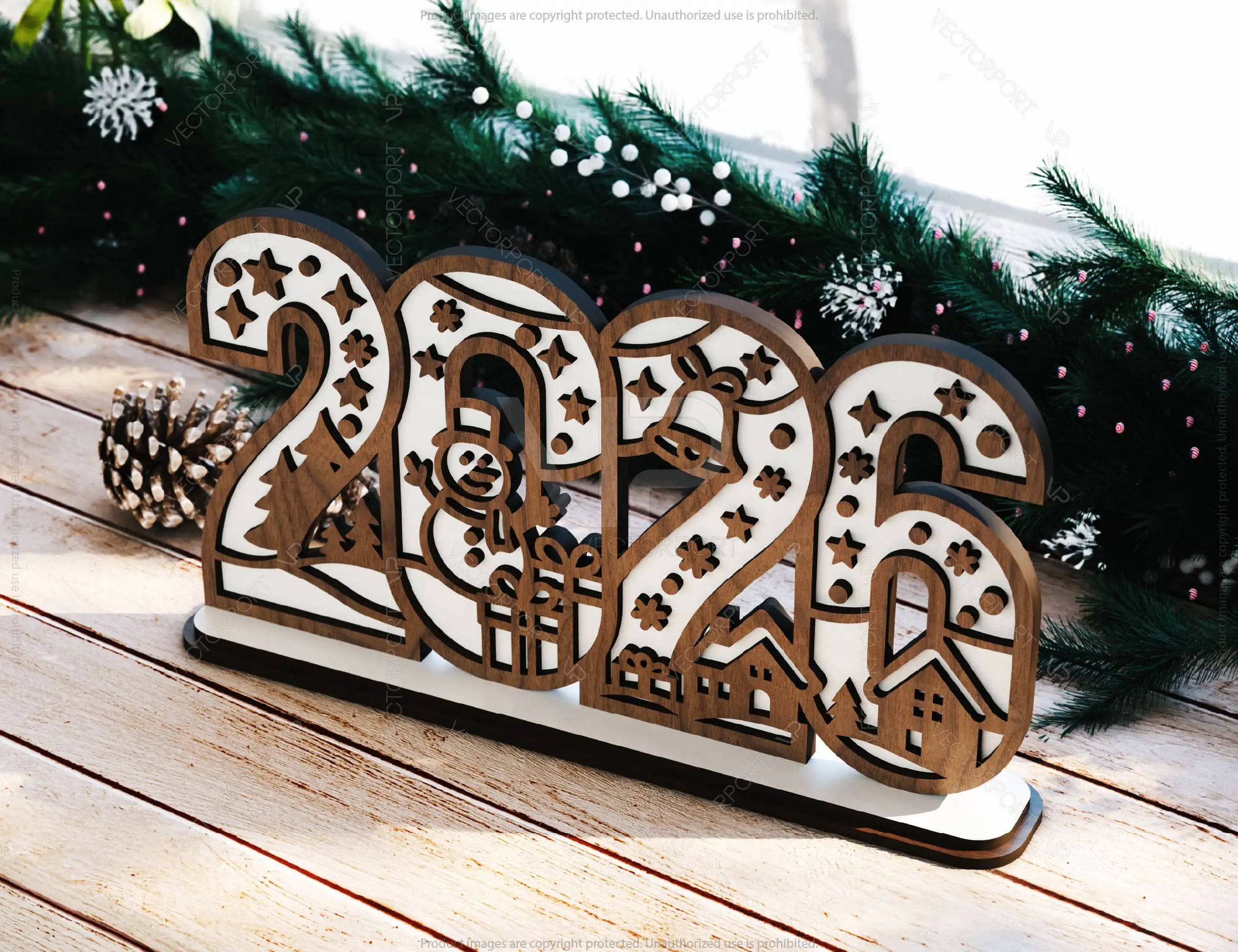 2026 Christmas Standing Display, Festive Wooden Cutout Scene with Snowman, Reindeer, and Snowflakes, Laser Cut Digital Download |#U616|