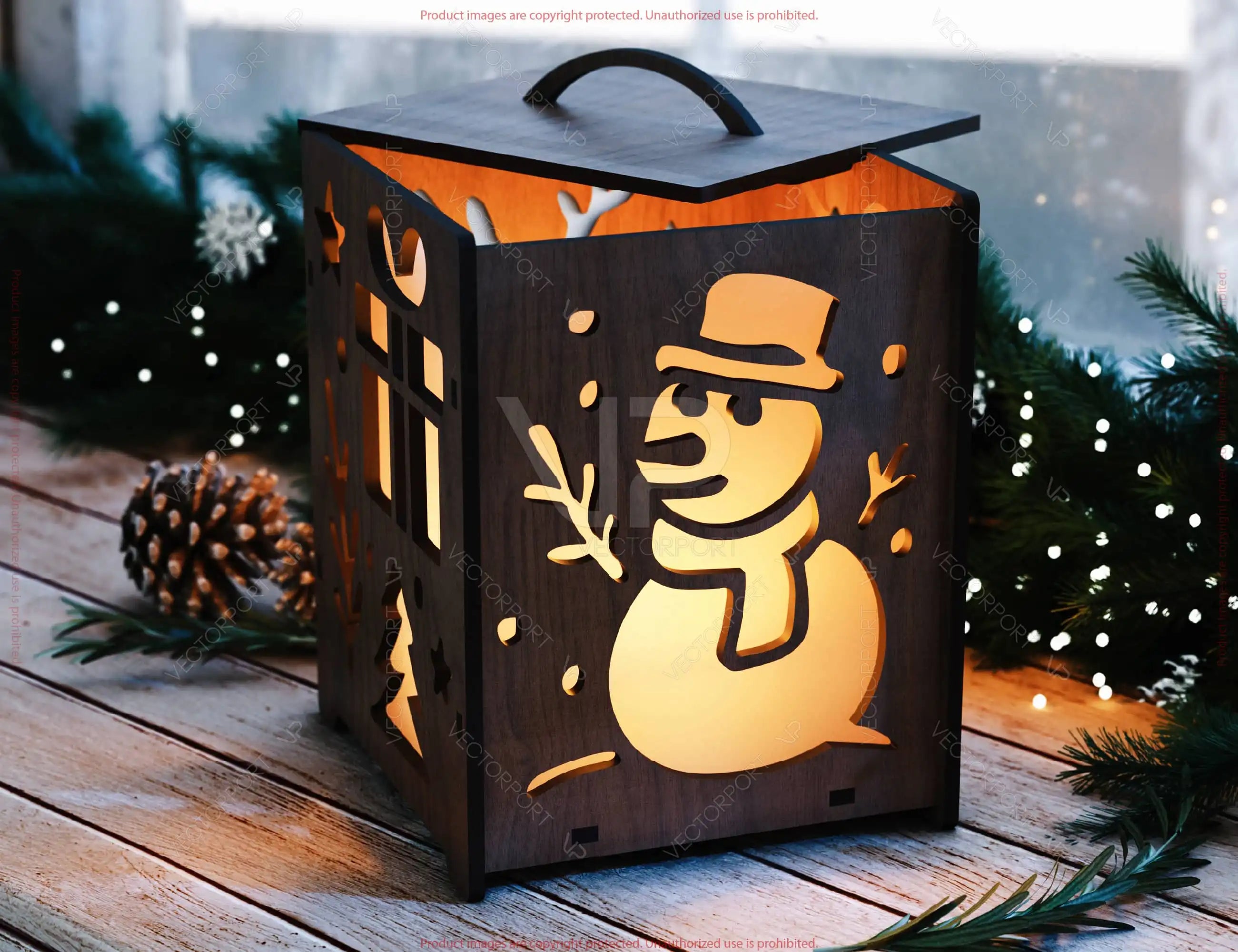 Wooden Christmas Lantern & Box – LED Light Holiday Decor, Handmade Laser Cut Santa and Reindeer Table Lamp Digital Download |#U620|
