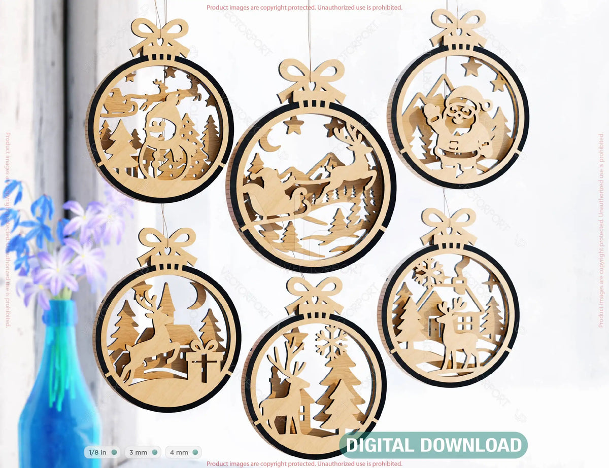New Year 3D Christmas Ornament Bundle | Laser Cut Snowy Scene Holiday Tree Hanging Baubles | Digital Download |#U622|