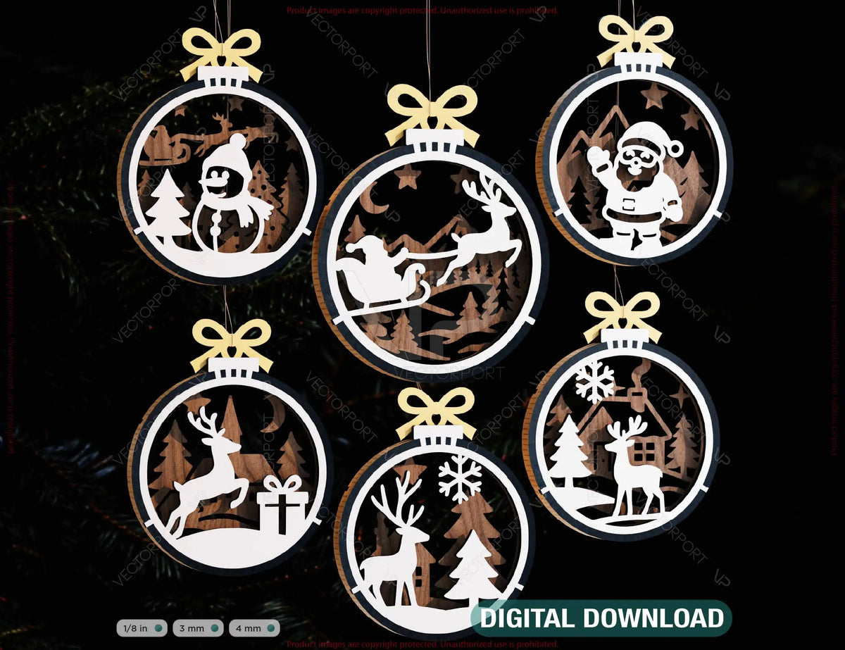 New Year 3D Christmas Ornament Bundle | Laser Cut Snowy Scene Holiday Tree Hanging Baubles | Digital Download |#U622|