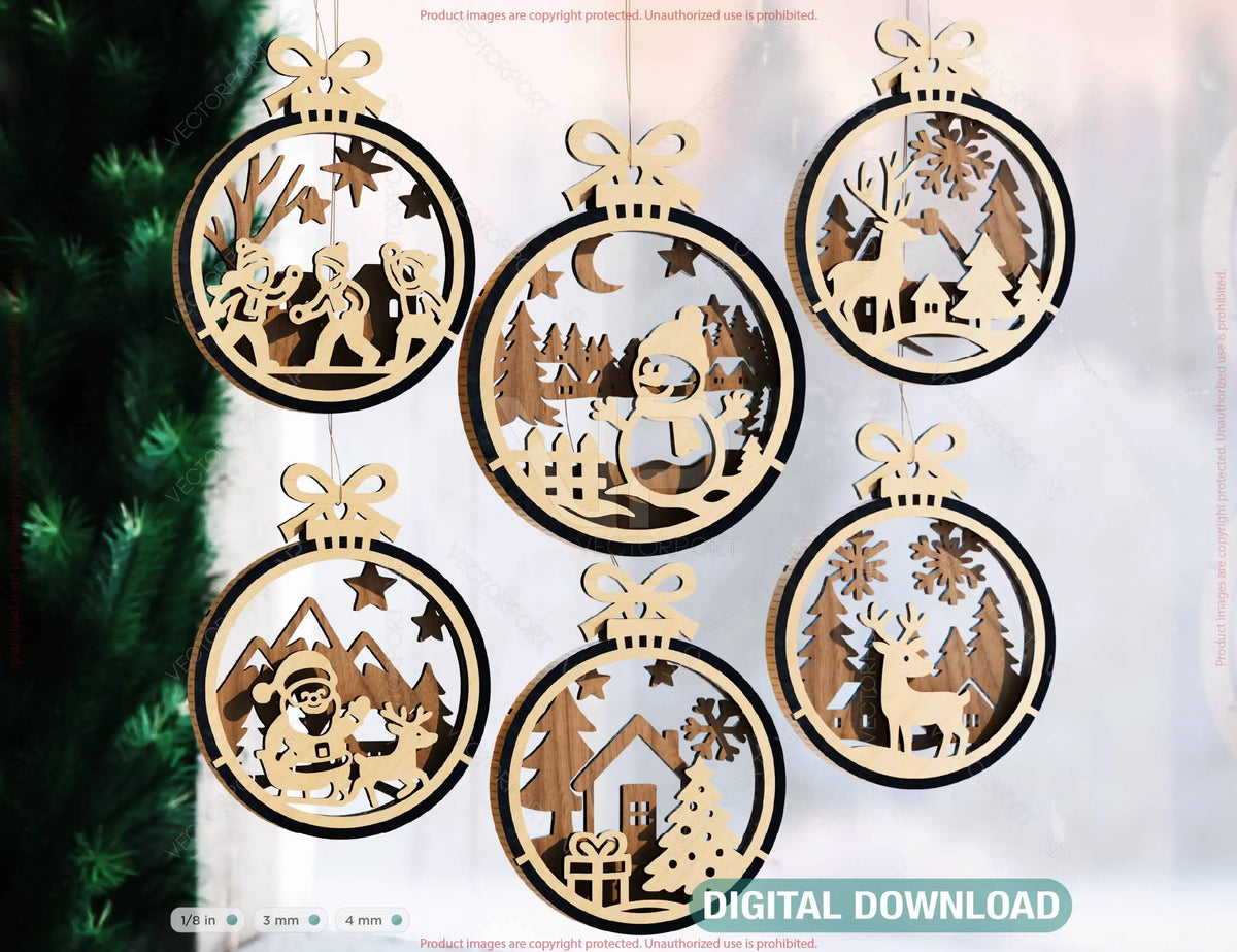 New Year 3D Christmas Ornament Bundle | Laser Cut Snowy Scene Holiday Tree Hanging Baubles | Digital Download |#U623|