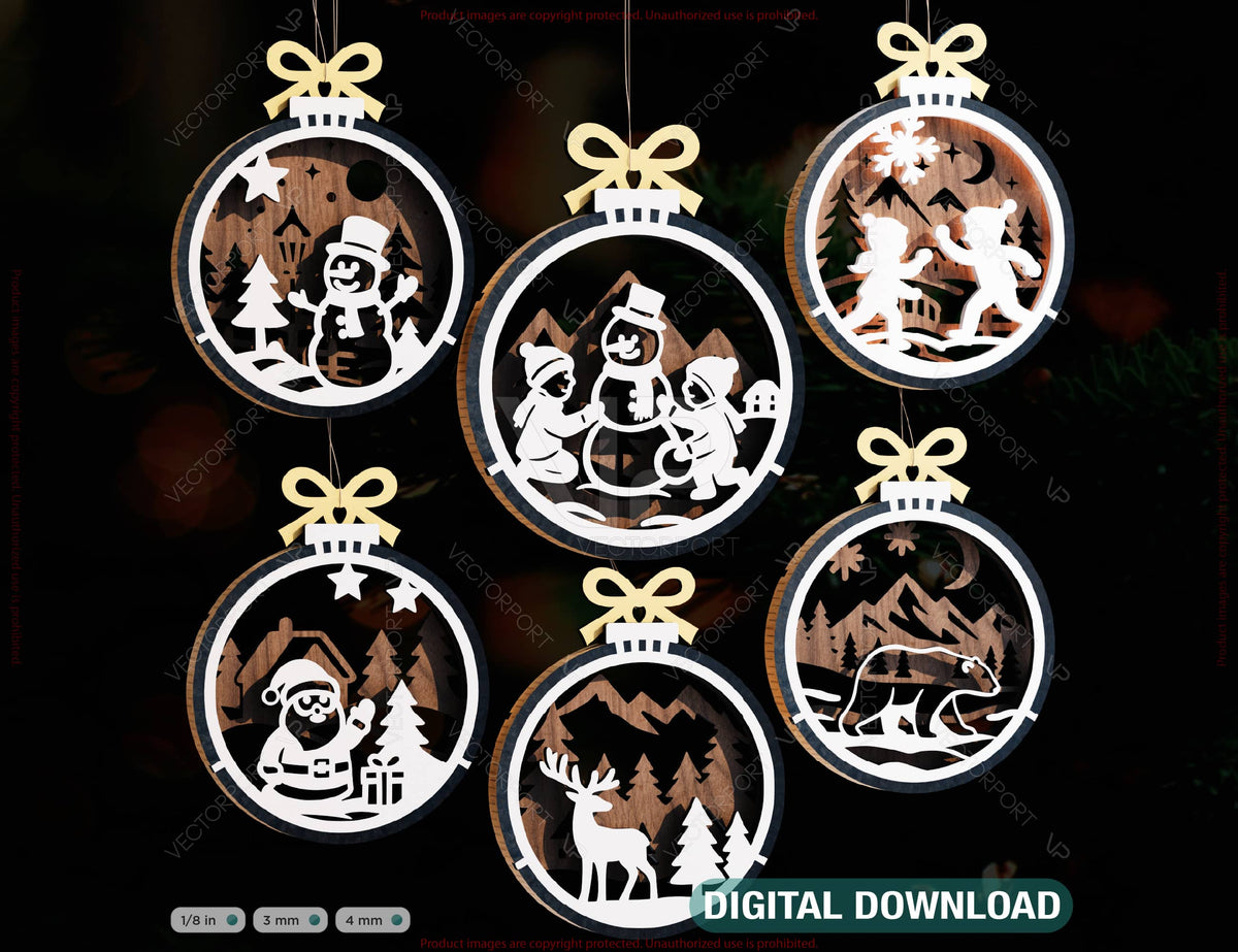 New Year 3D Christmas Ornament Bundle | Laser Cut Snowy Scene Holiday Tree Hanging Baubles | Digital Download |#U624|