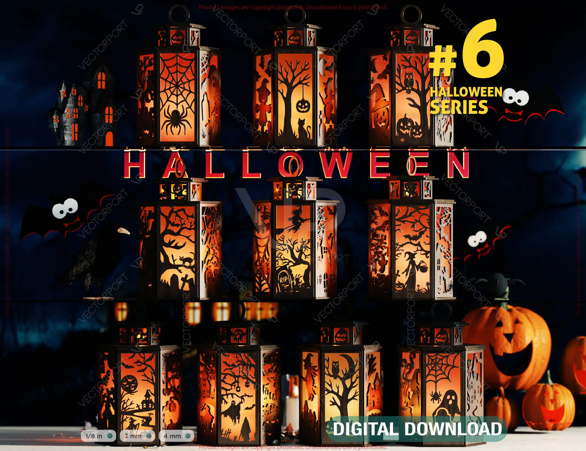 Halloween Lantern Bundle | Haunted House, Ghosts, Bats & Spooky Tealight Holders | Laser Cutting Digital Download |#U635|