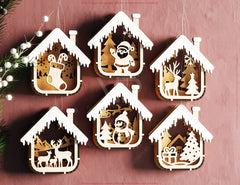 Bundle of House Shape New Year Theme 3D Christmas Ornament Set Tree Decorations Craft Hanging Bauble Snowy Scene Laser Cut Digital Download |#U537|