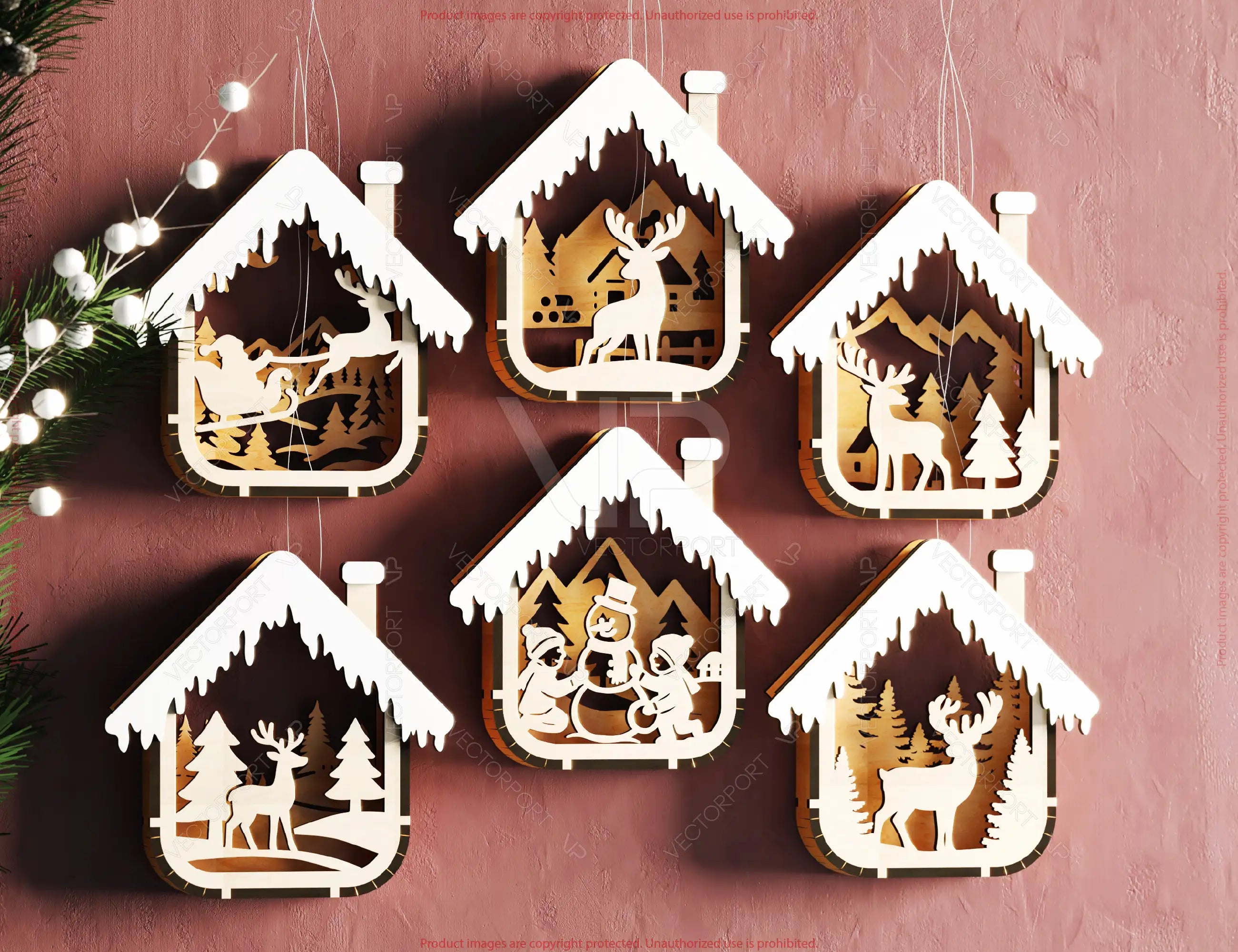 Bundle of House Shape New Year Theme 3D Christmas Ornament Set Tree Decorations Craft Hanging Bauble Snowy Scene Laser Cut Digital Download |#U537|