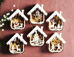 Bundle of House Shape New Year Theme 3D Christmas Ornament Set Tree Decorations Craft Hanging Bauble Snowy Scene Laser Cut Digital Download |#U537|