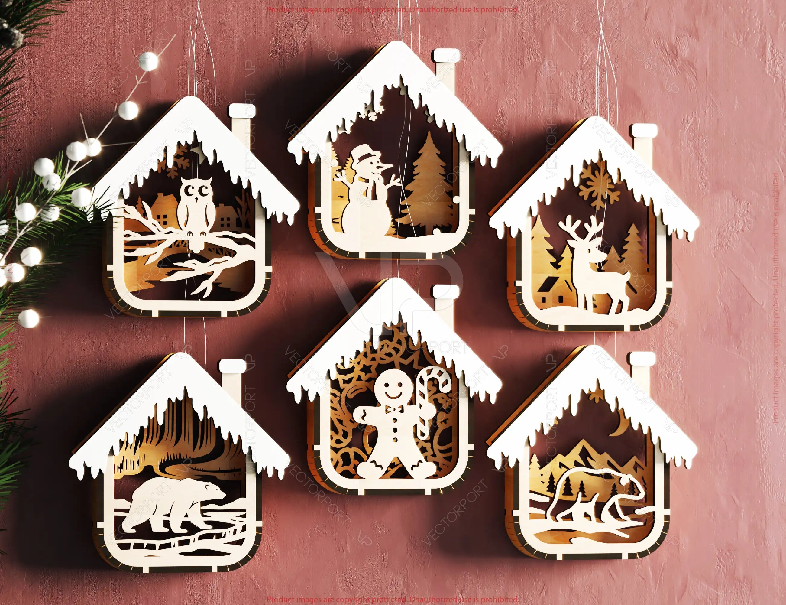 Bundle of House Shape New Year Theme 3D Christmas Ornament Set Tree Decorations Craft Hanging Bauble Snowy Scene Laser Cut Digital Download |#U537|